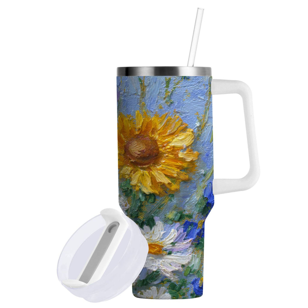 40 oz Insulated Stainless Steel Tumbler Double Wall Stainless Steel Tumbler with 2-Way Drinking Sunflowers and Daisies | 9CBK