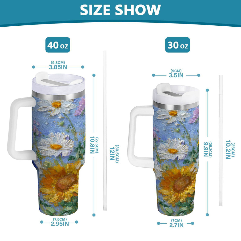 40 oz Insulated Stainless Steel Tumbler Double Wall Stainless Steel Tumbler with 2-Way Drinking Sunflowers and Daisies | 9CBK