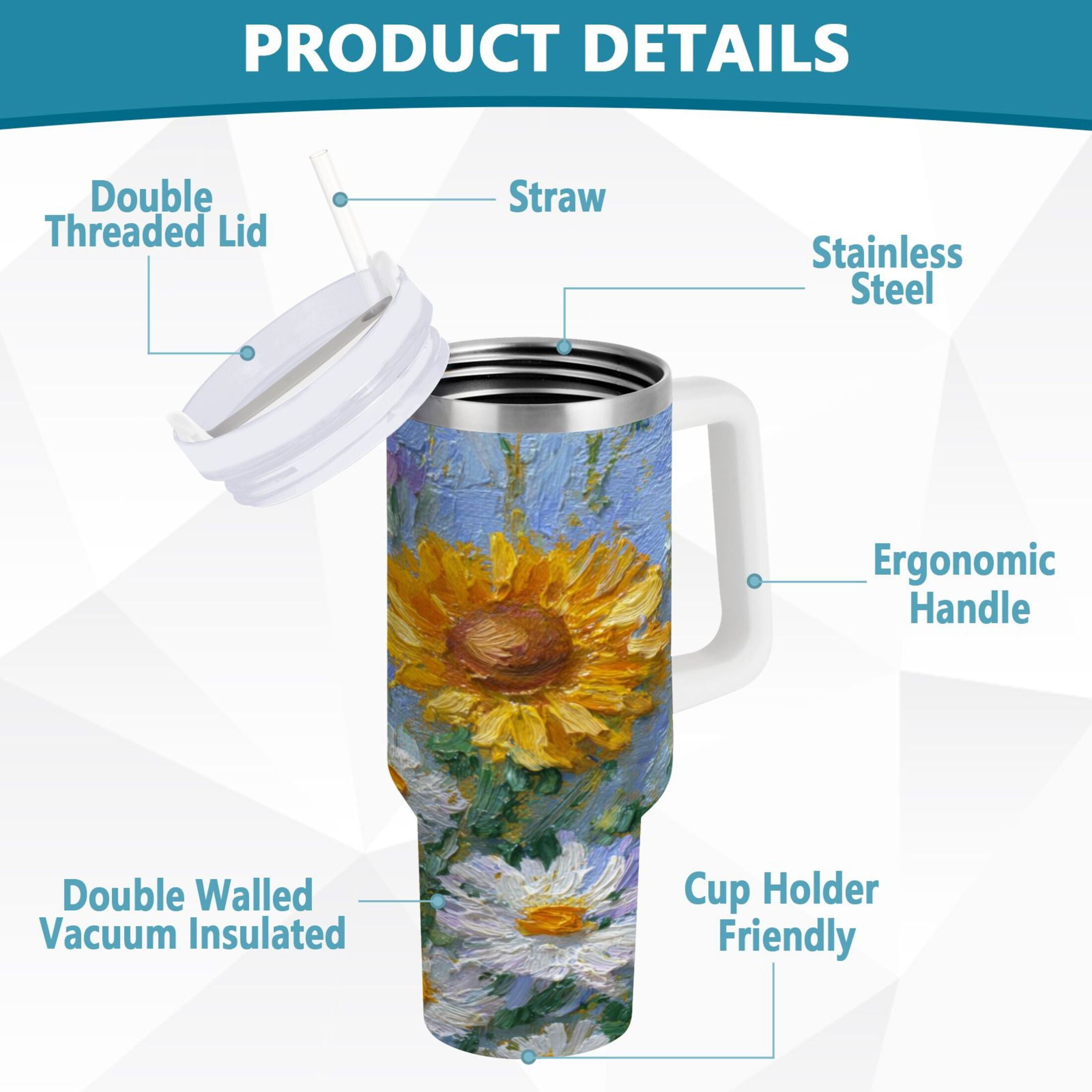 40 oz Insulated Stainless Steel Tumbler Double Wall Stainless Steel Tumbler with 2-Way Drinking Sunflowers and Daisies | 9CBK