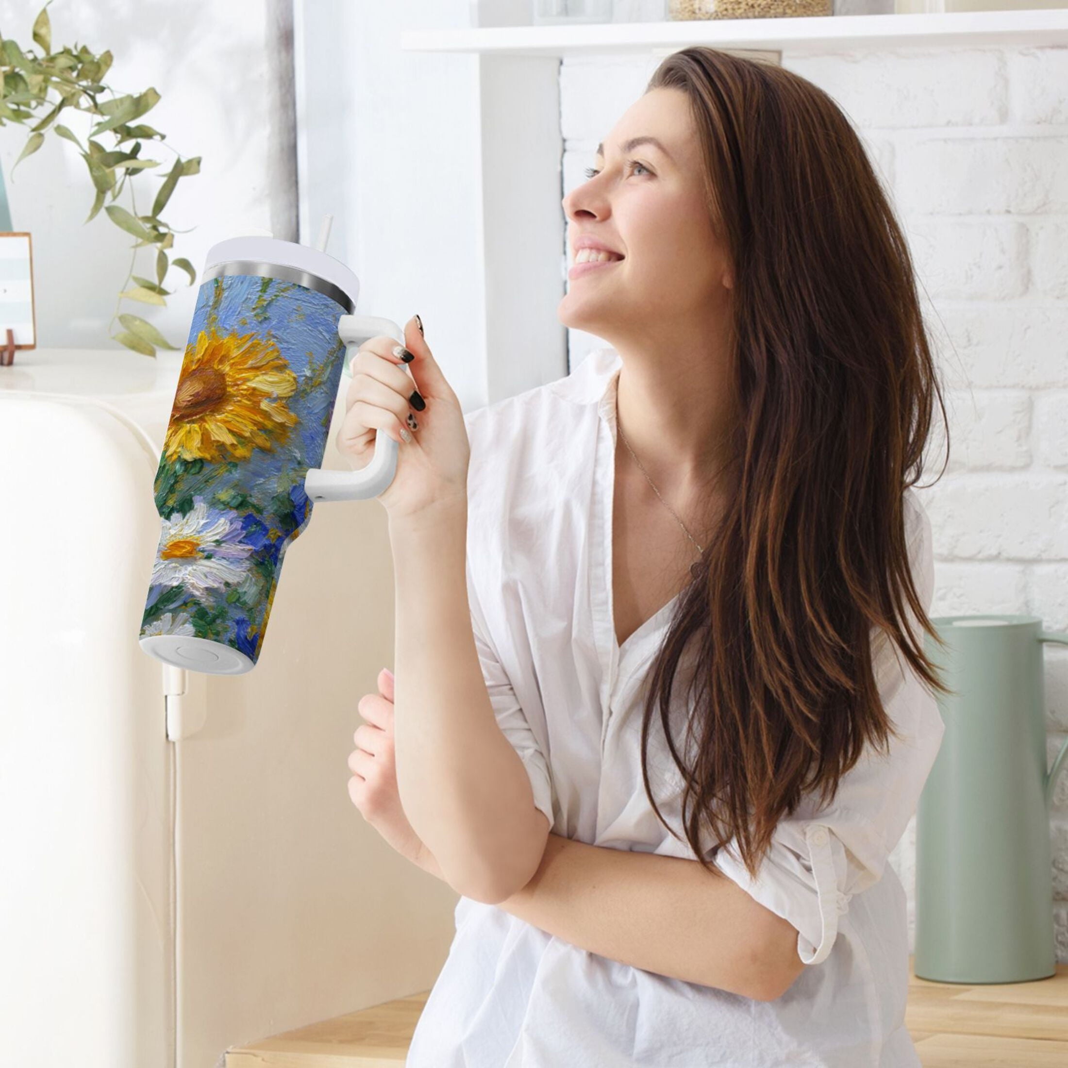 40 oz Insulated Stainless Steel Tumbler Double Wall Stainless Steel Tumbler with 2-Way Drinking Sunflowers and Daisies | 9CBK
