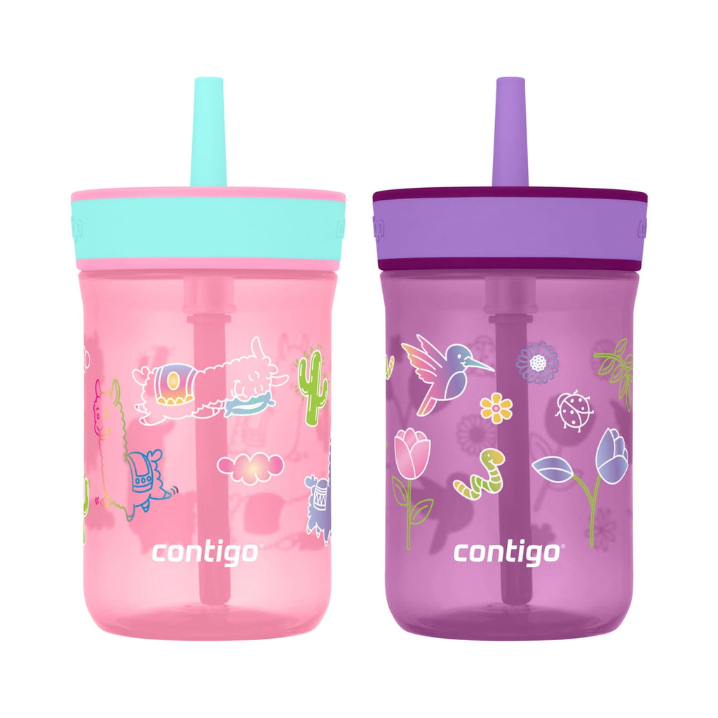 Contigo Kids Leighton Spill-Proof Tumbler with Straw, Ages 3+, Pink and Purple, 14 oz, 2 Pack | GZ0F