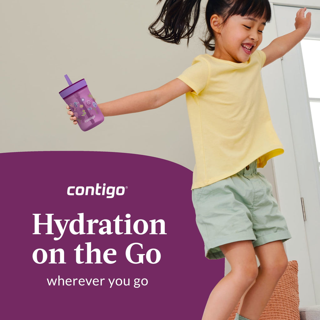 Contigo Kids Leighton Spill-Proof Tumbler with Straw, Ages 3+, Pink and Purple, 14 oz, 2 Pack | GZ0F