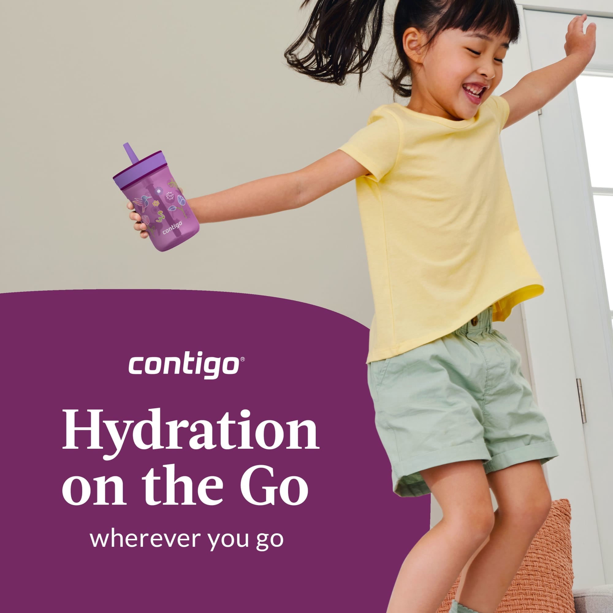 Contigo Kids Leighton Spill-Proof Tumbler with Straw, Ages 3+, Pink and Purple, 14 oz, 2 Pack | GZ0F