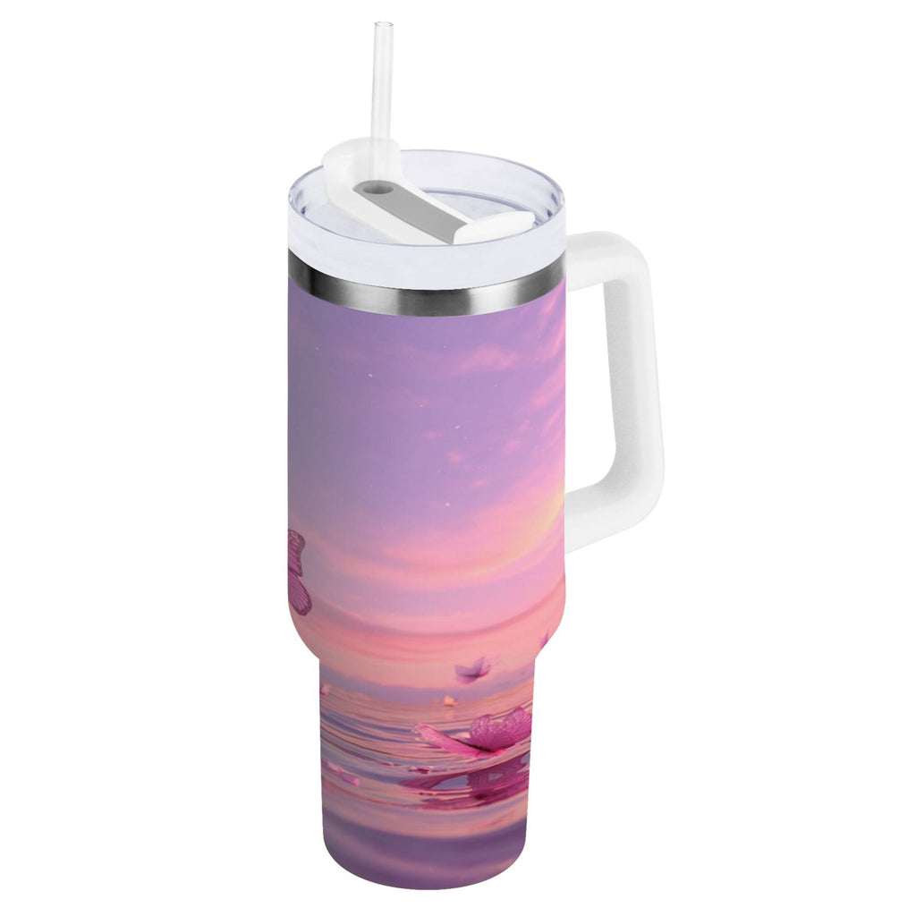 30 oz Insulated Stainless Steel Tumbler Double Wall Stainless Steel Tumbler with 2-Way Drinking Pink Butterflies Flying | I4BI
