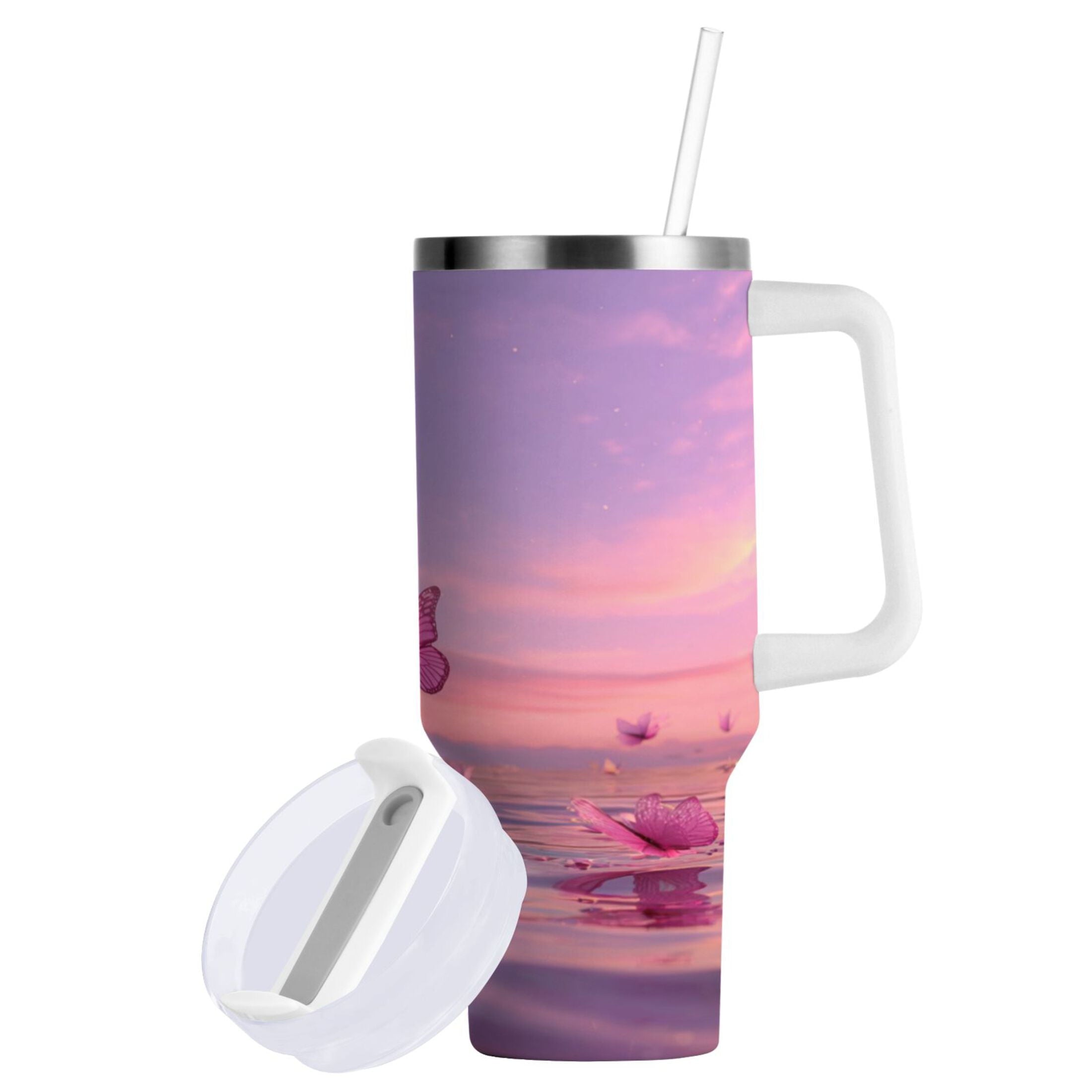 30 oz Insulated Stainless Steel Tumbler Double Wall Stainless Steel Tumbler with 2-Way Drinking Pink Butterflies Flying | I4BI