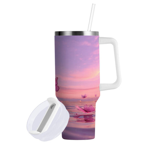 30 oz Insulated Stainless Steel Tumbler Double Wall Stainless Steel Tumbler with 2-Way Drinking Pink Butterflies Flying | I4BI
