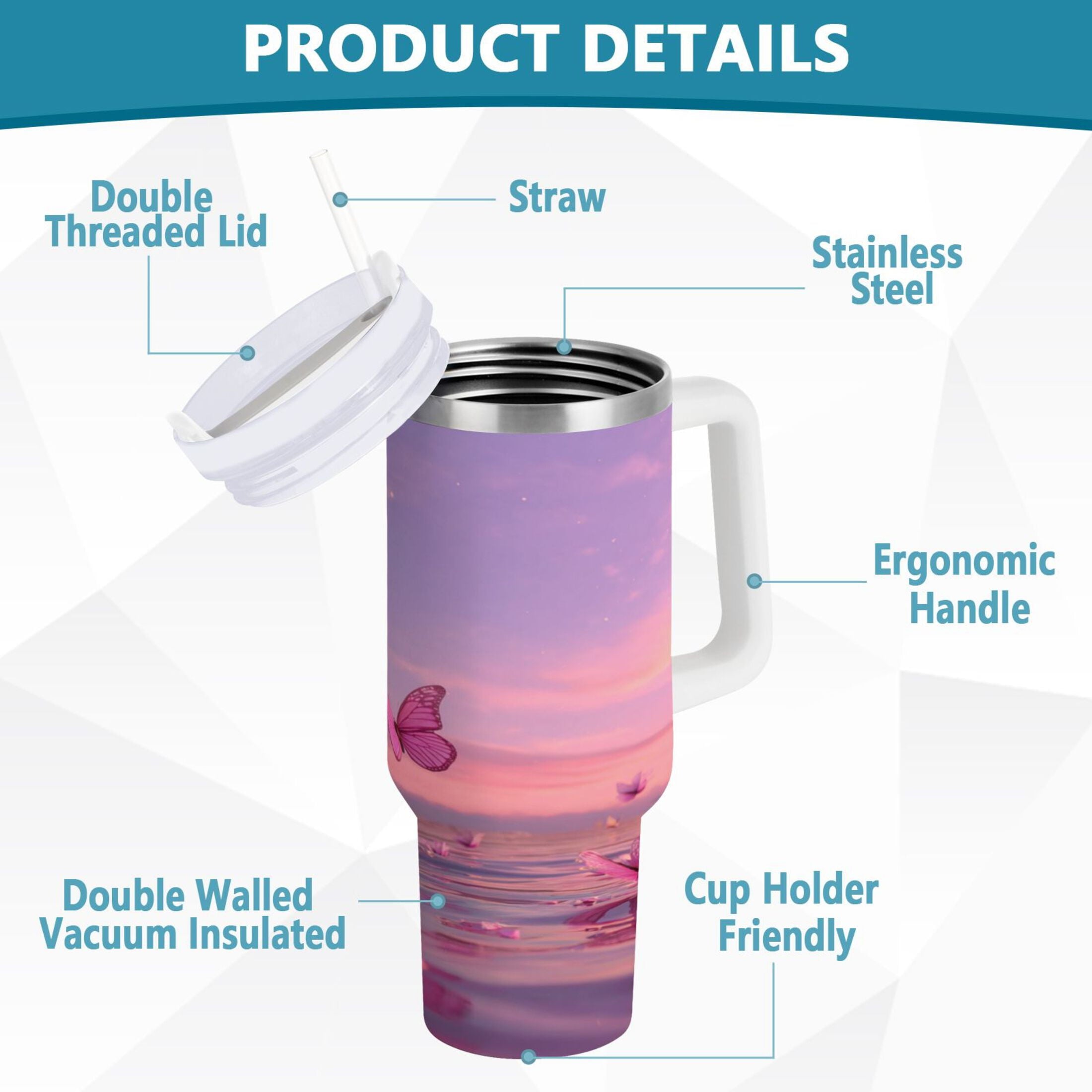 30 oz Insulated Stainless Steel Tumbler Double Wall Stainless Steel Tumbler with 2-Way Drinking Pink Butterflies Flying | I4BI