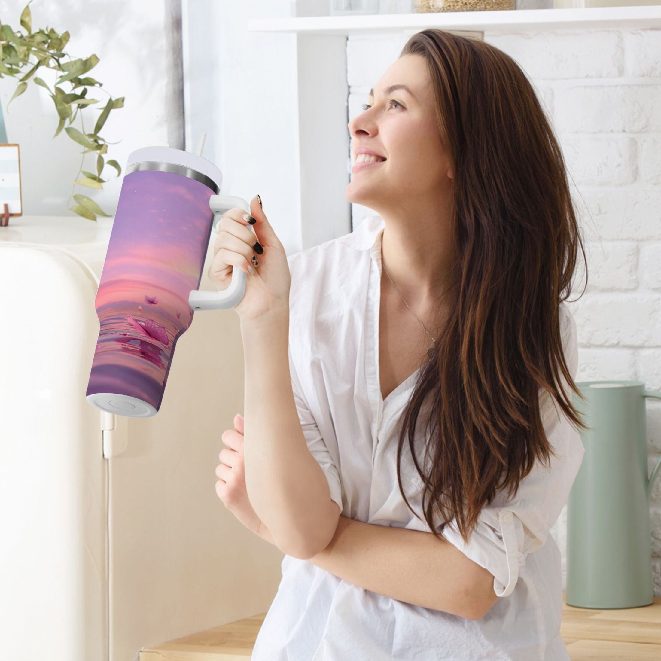 30 oz Insulated Stainless Steel Tumbler Double Wall Stainless Steel Tumbler with 2-Way Drinking Pink Butterflies Flying | I4BI