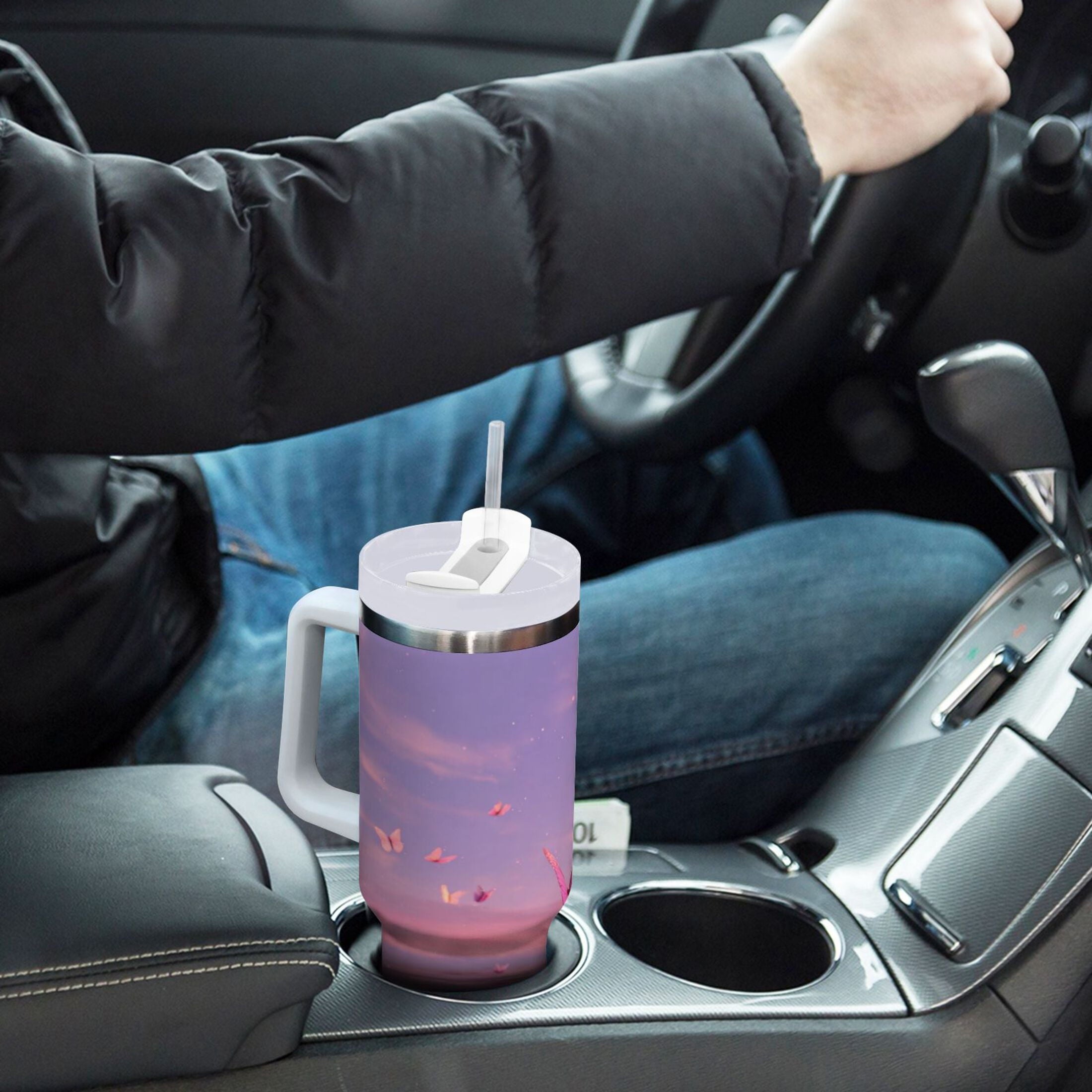 30 oz Insulated Stainless Steel Tumbler Double Wall Stainless Steel Tumbler with 2-Way Drinking Pink Butterflies Flying | I4BI