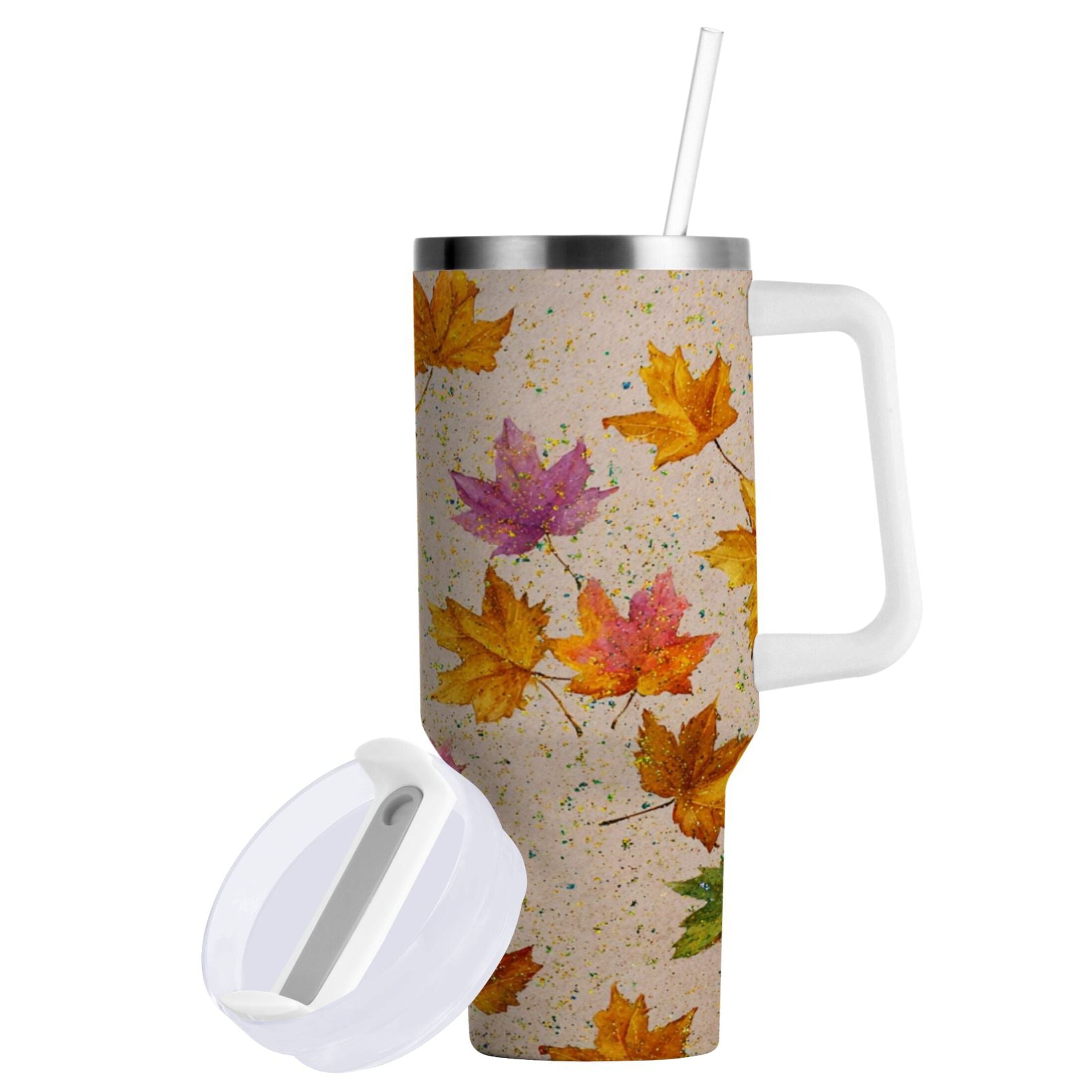 40 oz Insulated Stainless Steel Tumbler Double Wall Stainless Steel Tumbler with 2-Way Drinking Colored Autumn Leaves | 48LA