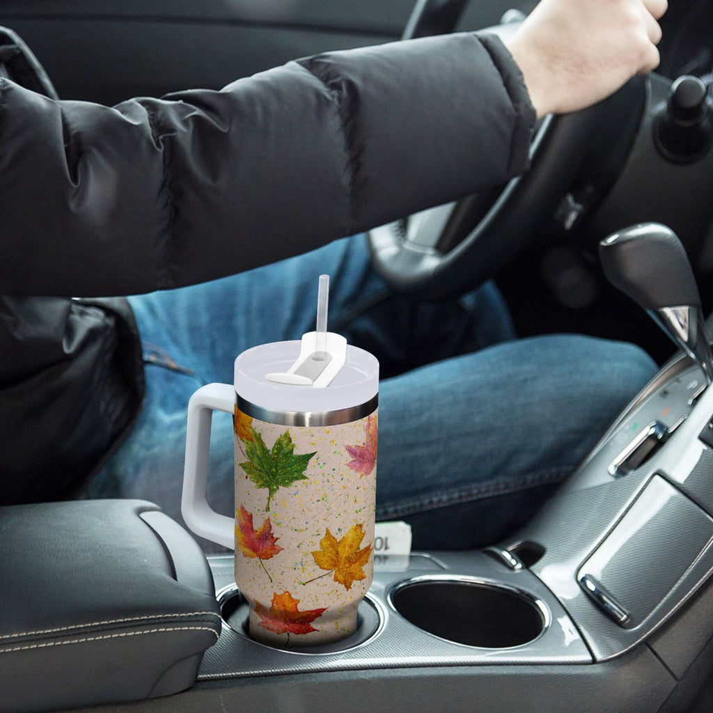 40 oz Insulated Stainless Steel Tumbler Double Wall Stainless Steel Tumbler with 2-Way Drinking Colored Autumn Leaves | 48LA