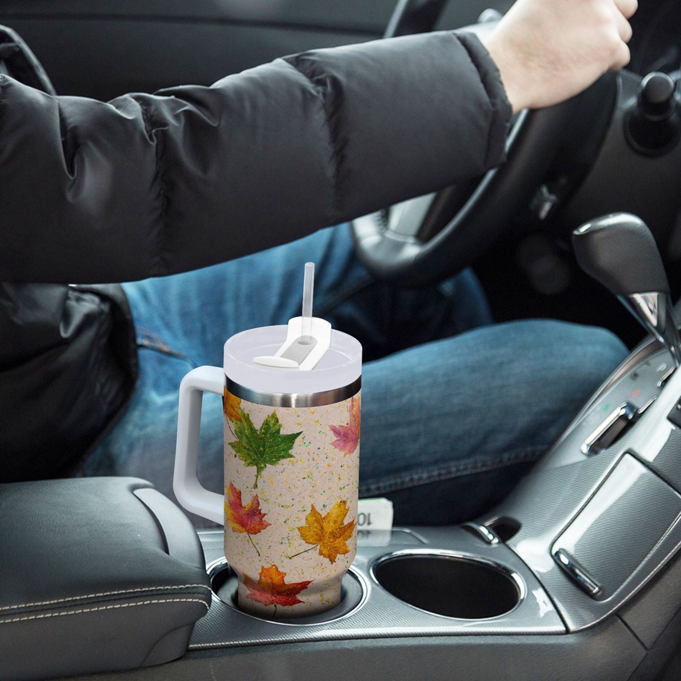 40 oz Insulated Stainless Steel Tumbler Double Wall Stainless Steel Tumbler with 2-Way Drinking Colored Autumn Leaves | 48LA