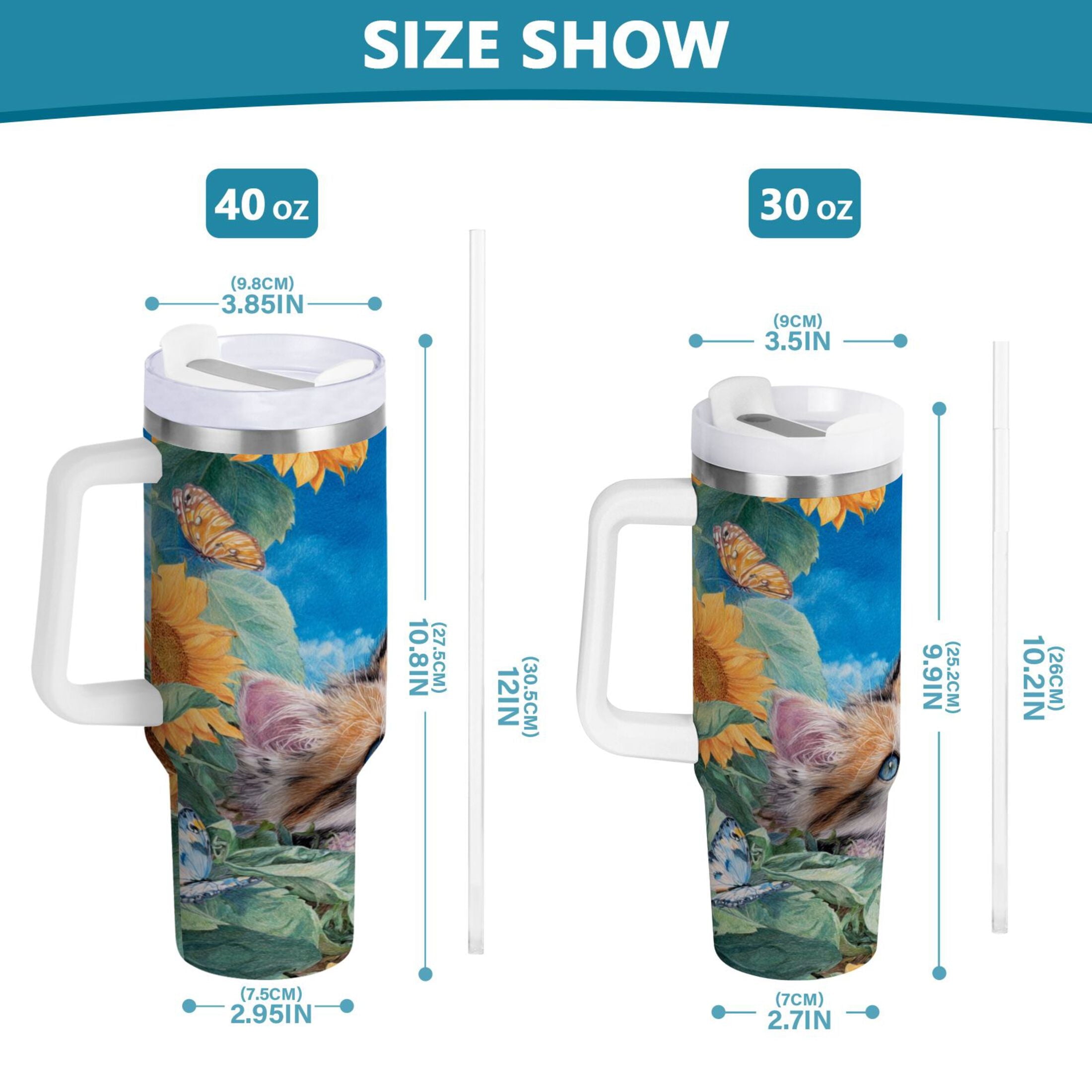 40 oz Insulated Stainless Steel Tumbler Double Wall Stainless Steel Tumbler with 2-Way Drinking Playful Cat Lying Sunflowers | 0JB7