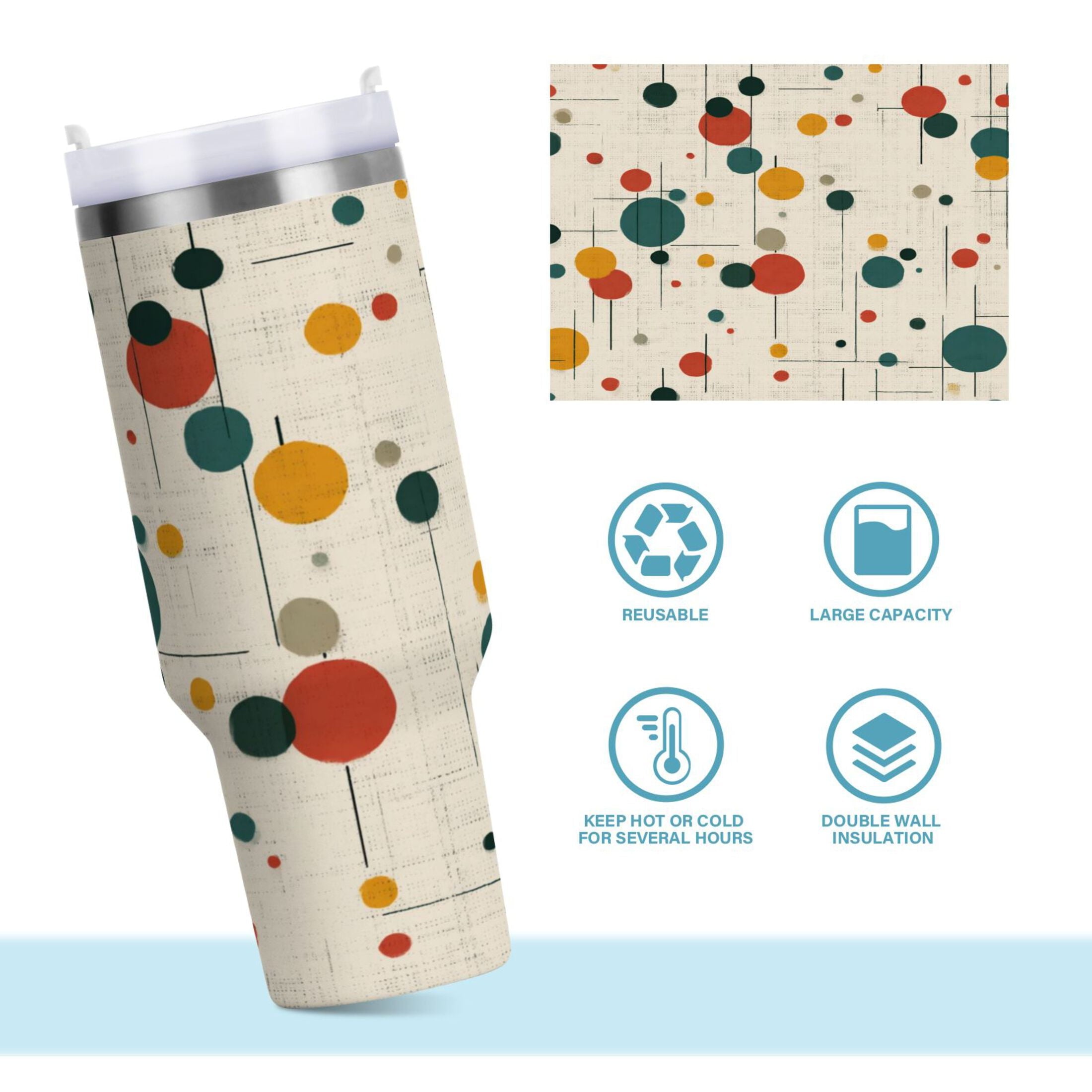 30 oz Insulated Stainless Steel Tumbler Double Wall Stainless Steel Tumbler with 2-Way Drinking Colorful Dots and Lines | M0GR