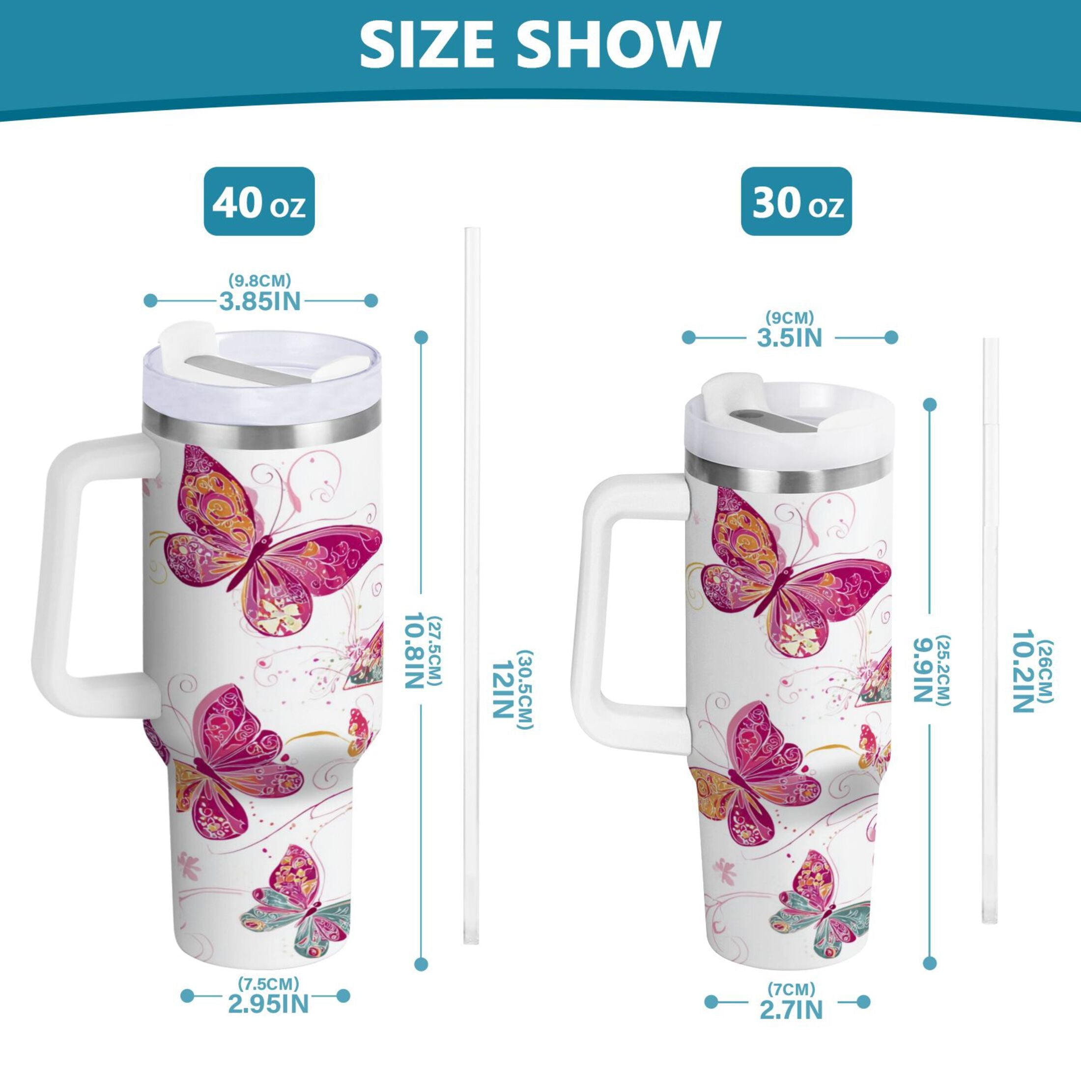 30 oz Insulated Stainless Steel Tumbler Double Wall Stainless Steel Tumbler with 2-Way Drinking Colorful Butterflies | RGOW