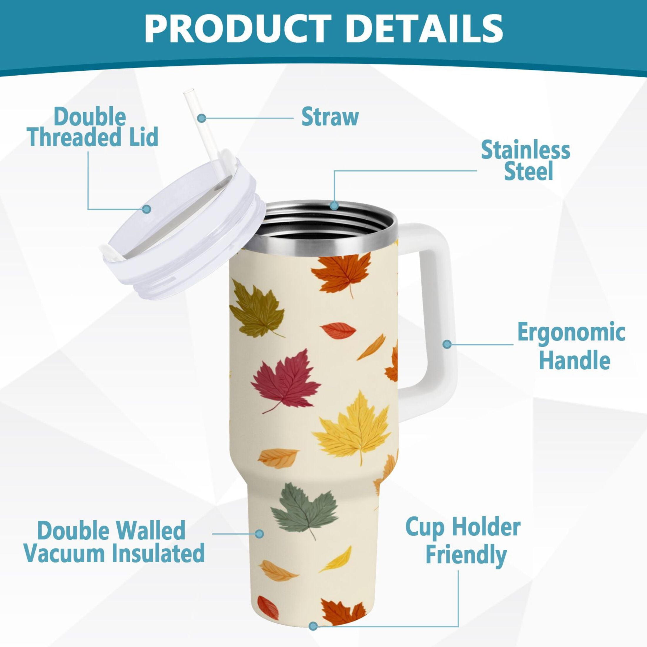 40 oz Insulated Stainless Steel Tumbler Double Wall Stainless Steel Tumbler with 2-Way Drinking Colorful Autumn Leaves Pattern | IR4B