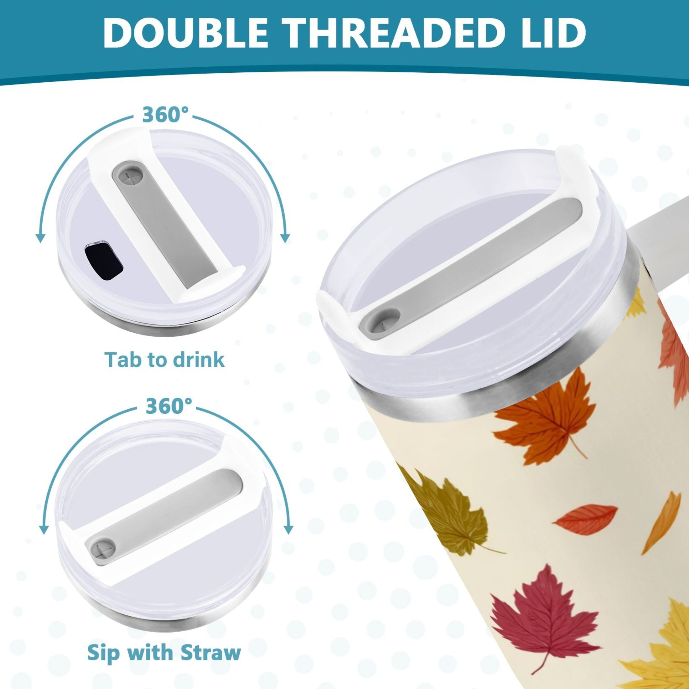 40 oz Insulated Stainless Steel Tumbler Double Wall Stainless Steel Tumbler with 2-Way Drinking Colorful Autumn Leaves Pattern | IR4B