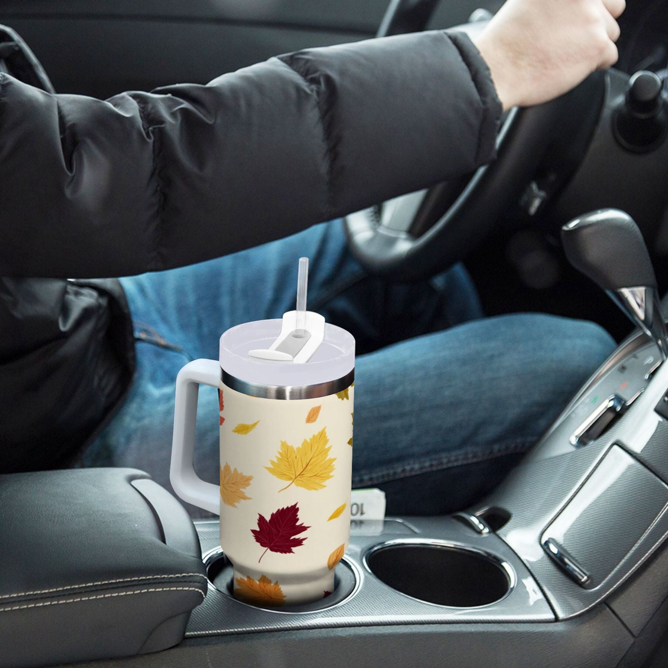 40 oz Insulated Stainless Steel Tumbler Double Wall Stainless Steel Tumbler with 2-Way Drinking Colorful Autumn Leaves Pattern | IR4B