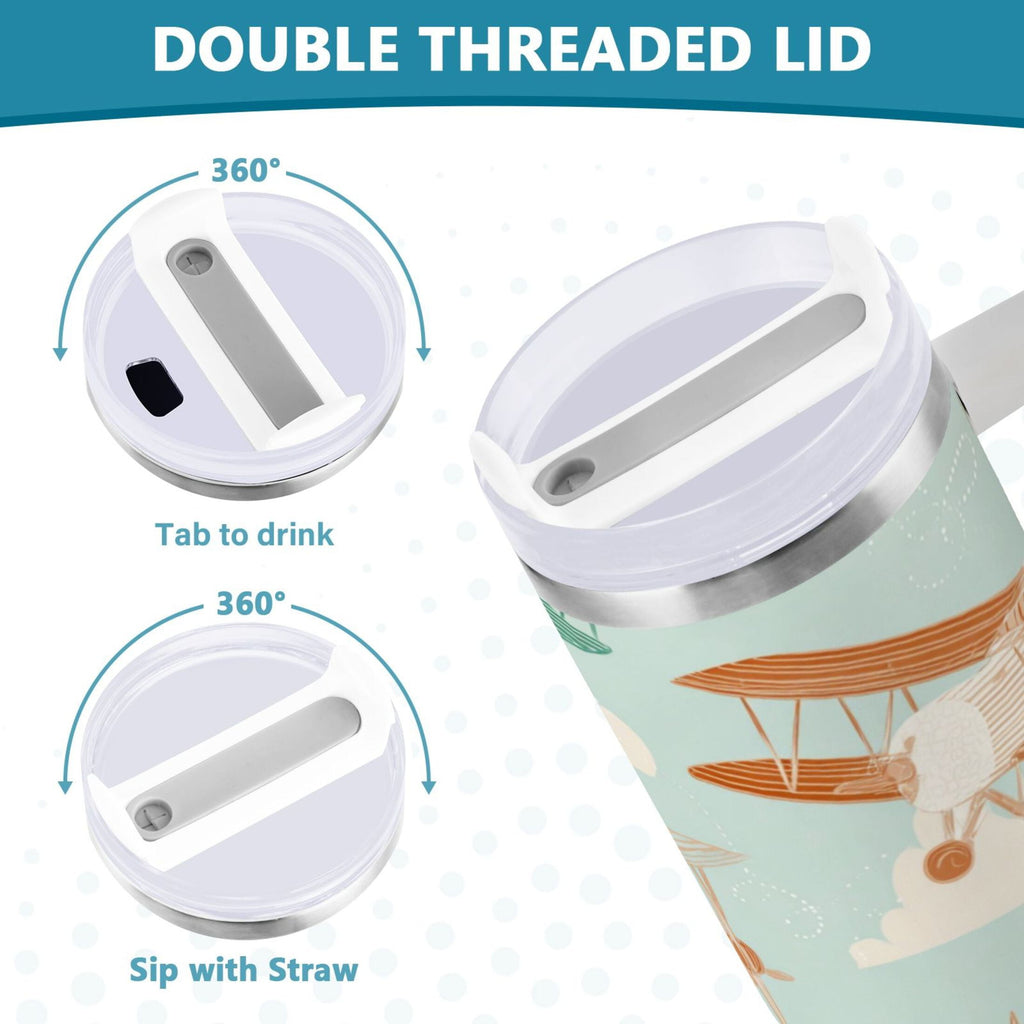 40 oz Insulated Stainless Steel Tumbler Double Wall Stainless Steel Tumbler with 2-Way Drinking Cute Airplanes | TUVG