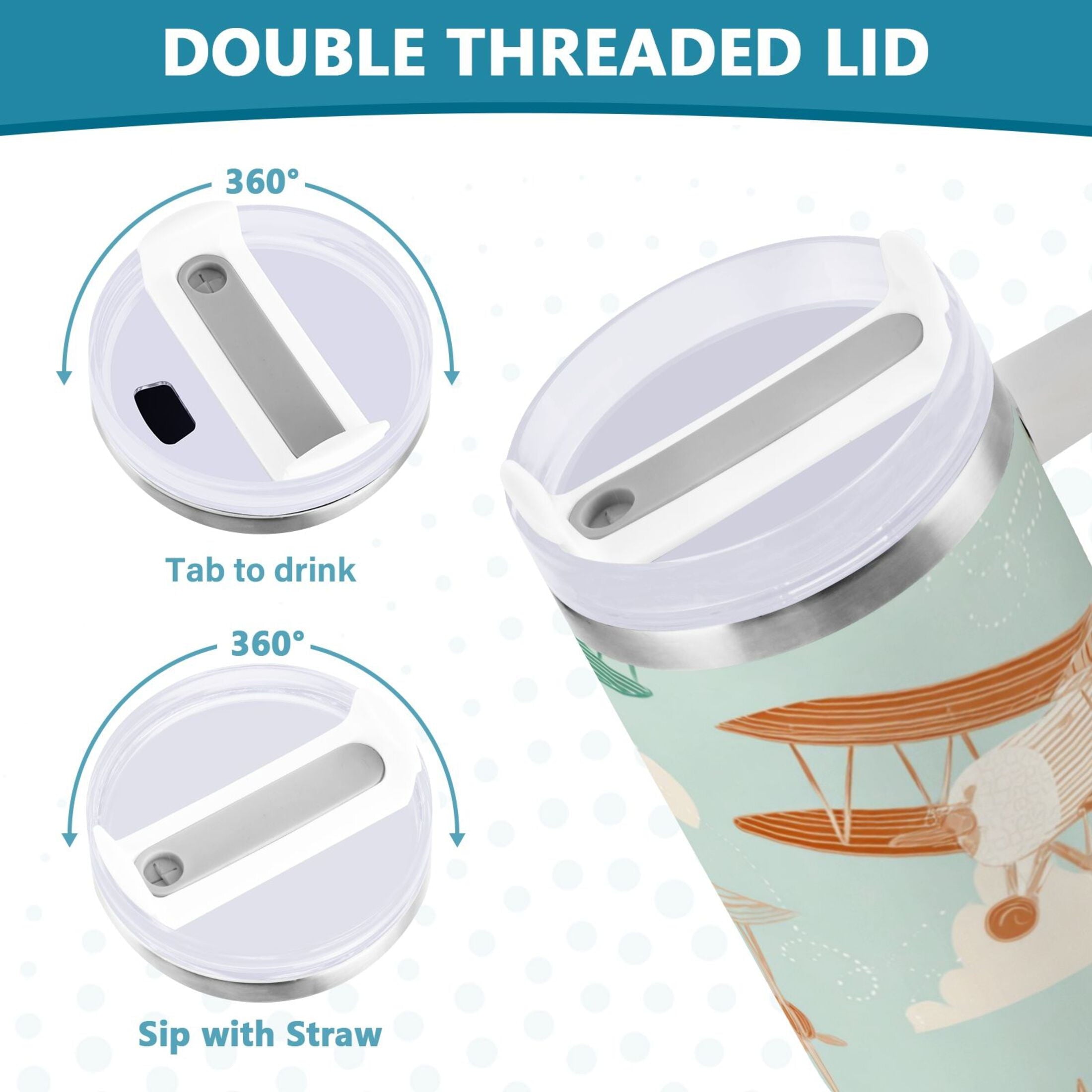 40 oz Insulated Stainless Steel Tumbler Double Wall Stainless Steel Tumbler with 2-Way Drinking Cute Airplanes | TUVG