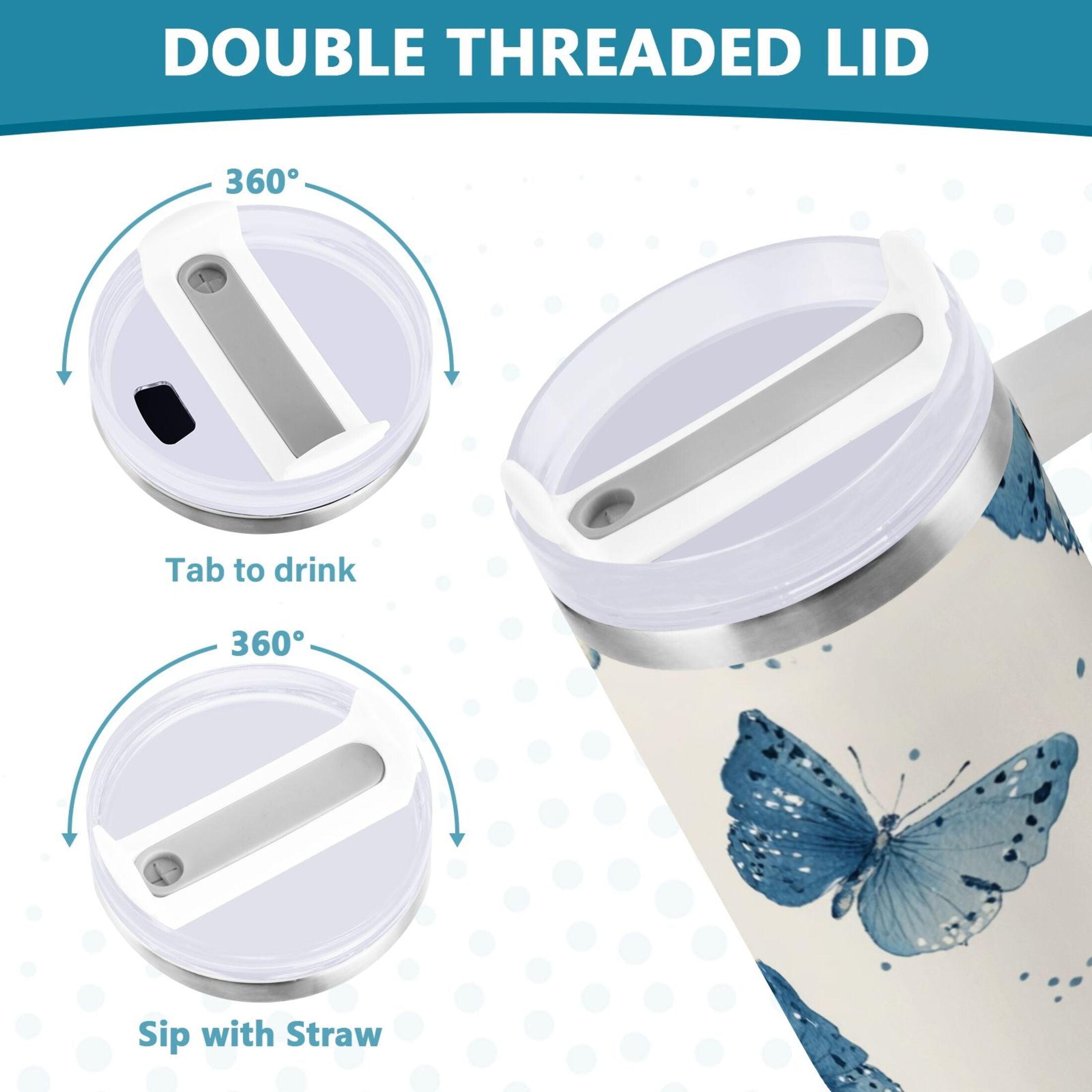 30 oz Insulated Stainless Steel Tumbler Double Wall Stainless Steel Tumbler with 2-Way Drinking Blue Watercolor Butterflies | V89G