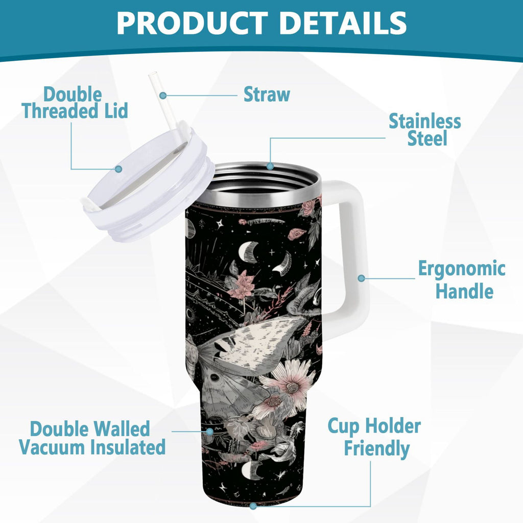 40 oz Insulated Stainless Steel Tumbler Double Wall Stainless Steel Tumbler with 2-Way Drinking Butterfly Surrounded by Flowers | VAYT