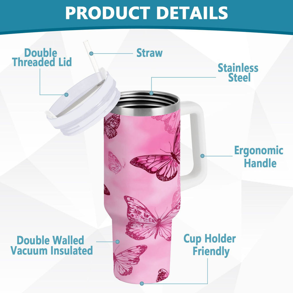 40 oz Insulated Stainless Steel Tumbler Double Wall Stainless Steel Tumbler with 2-Way Drinking Pink Butterfly Pattern | QGSI