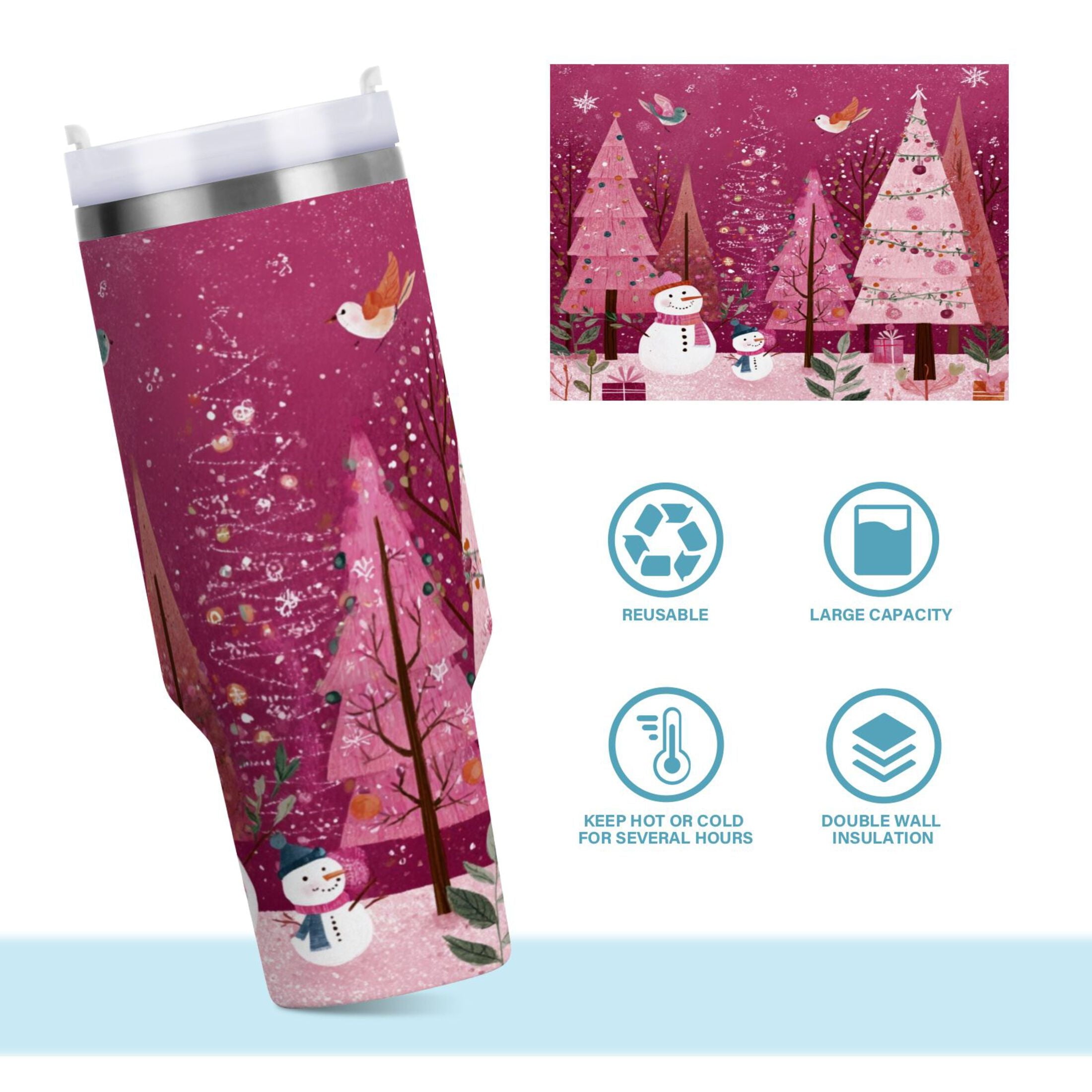 40 oz Insulated Stainless Steel Tumbler Double Wall Stainless Steel Tumbler with 2-Way Drinking Pink Christmas Forest | DA9J