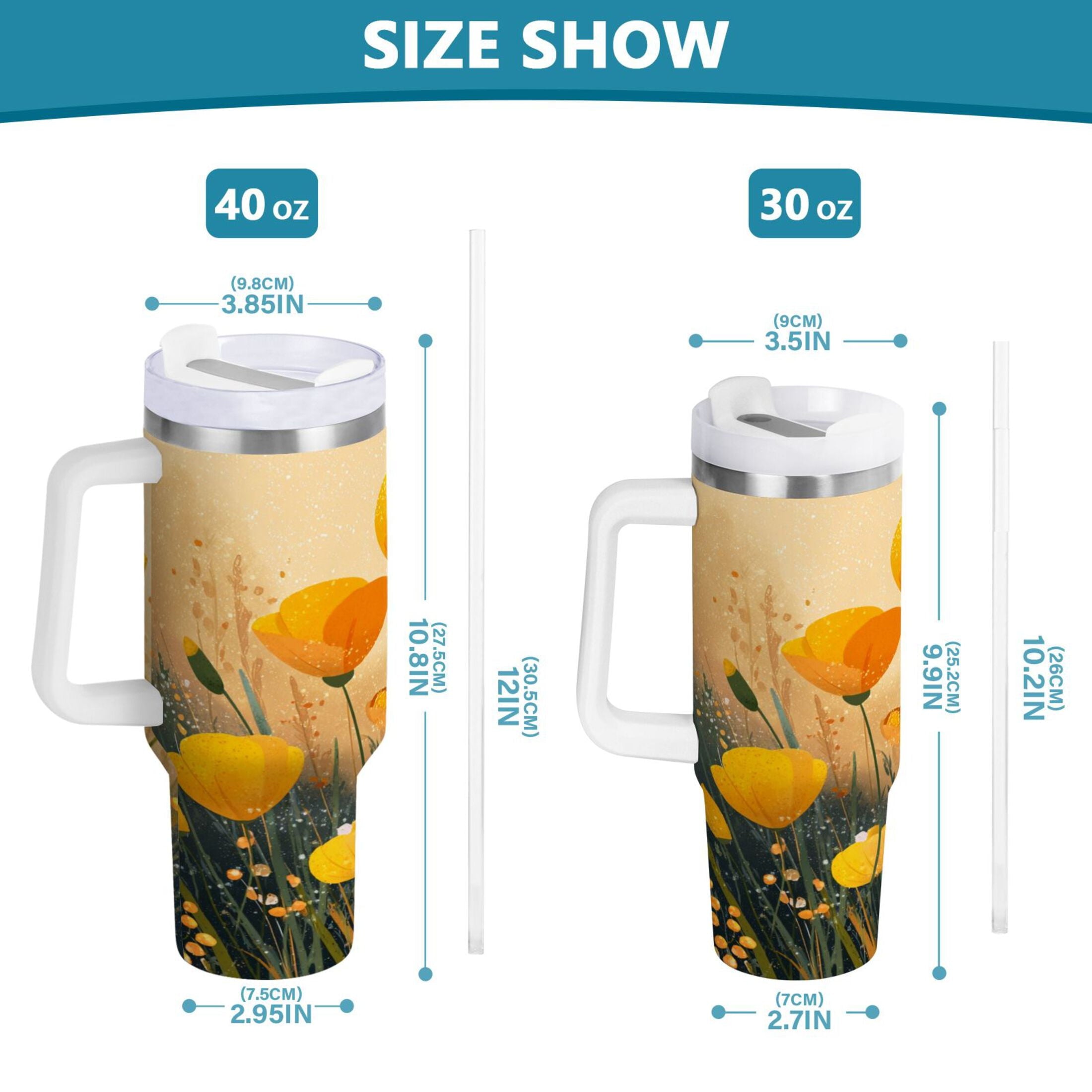 30 oz Insulated Stainless Steel Tumbler Double Wall Stainless Steel Tumbler with 2-Way Drinking Yellow Flowers on The Grass | XOAL