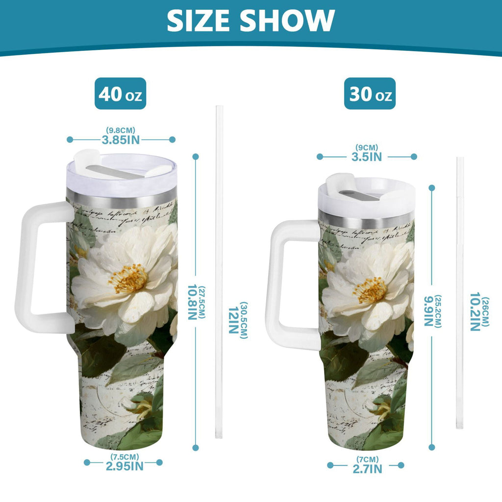 40 oz Insulated Stainless Steel Tumbler Double Wall Stainless Steel Tumbler with 2-Way Drinking Vintage White Camellias | YH44