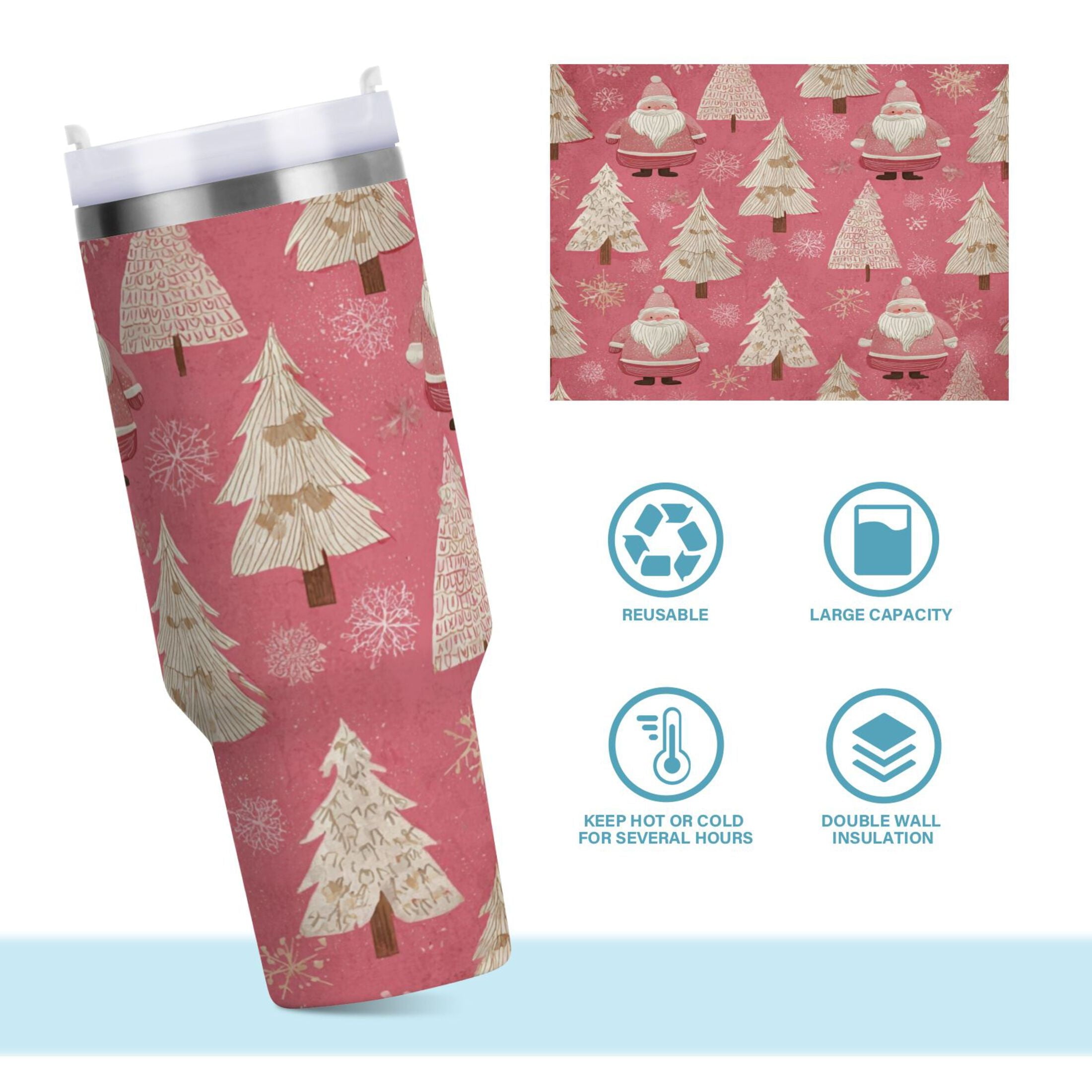 40 oz Insulated Stainless Steel Tumbler Double Wall Stainless Steel Tumbler with 2-Way Drinking Pink Santa Claus Pattern | HUWN