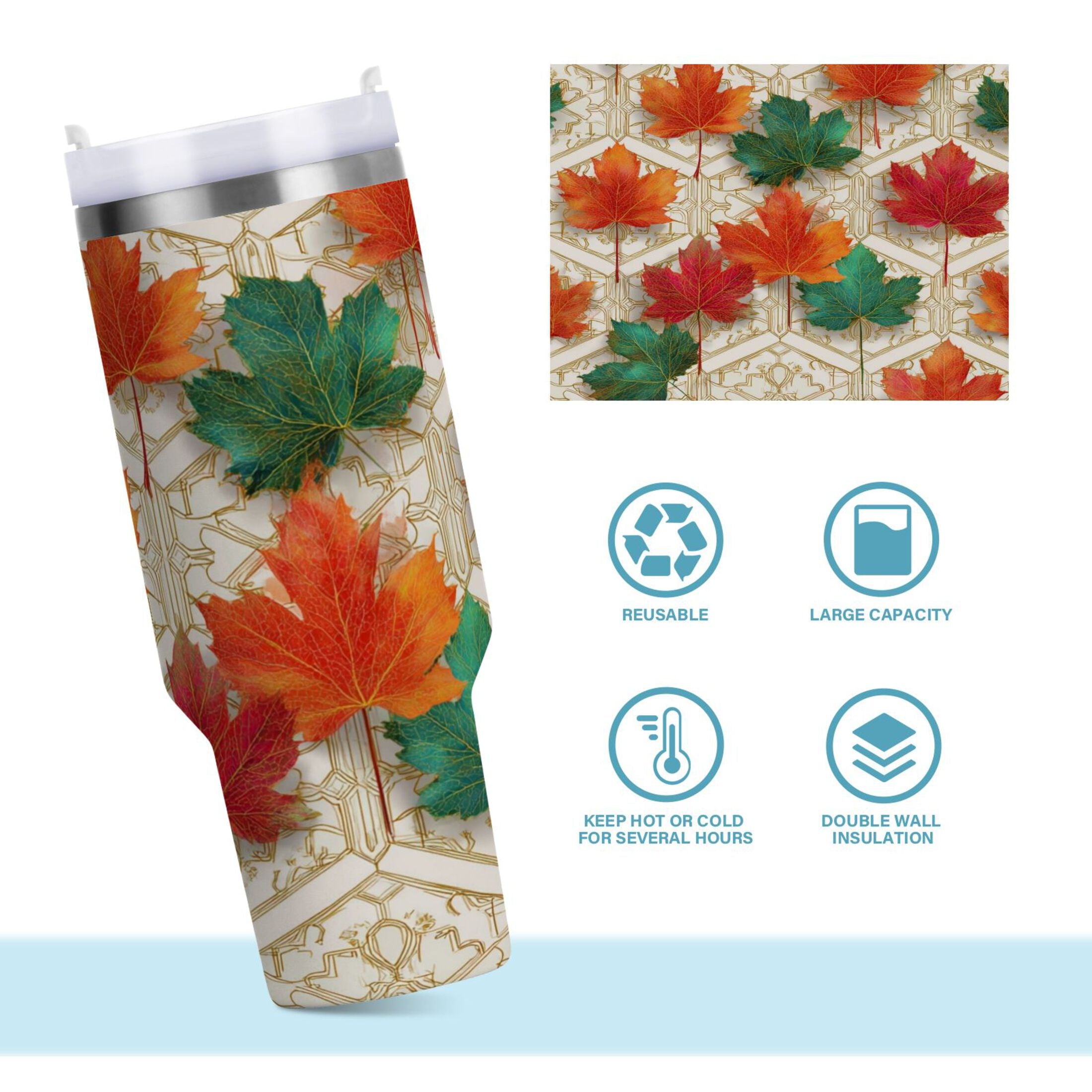 30 oz Insulated Stainless Steel Tumbler Double Wall Stainless Steel Tumbler with 2-Way Drinking Green and Red Maple Leaves | PU7M