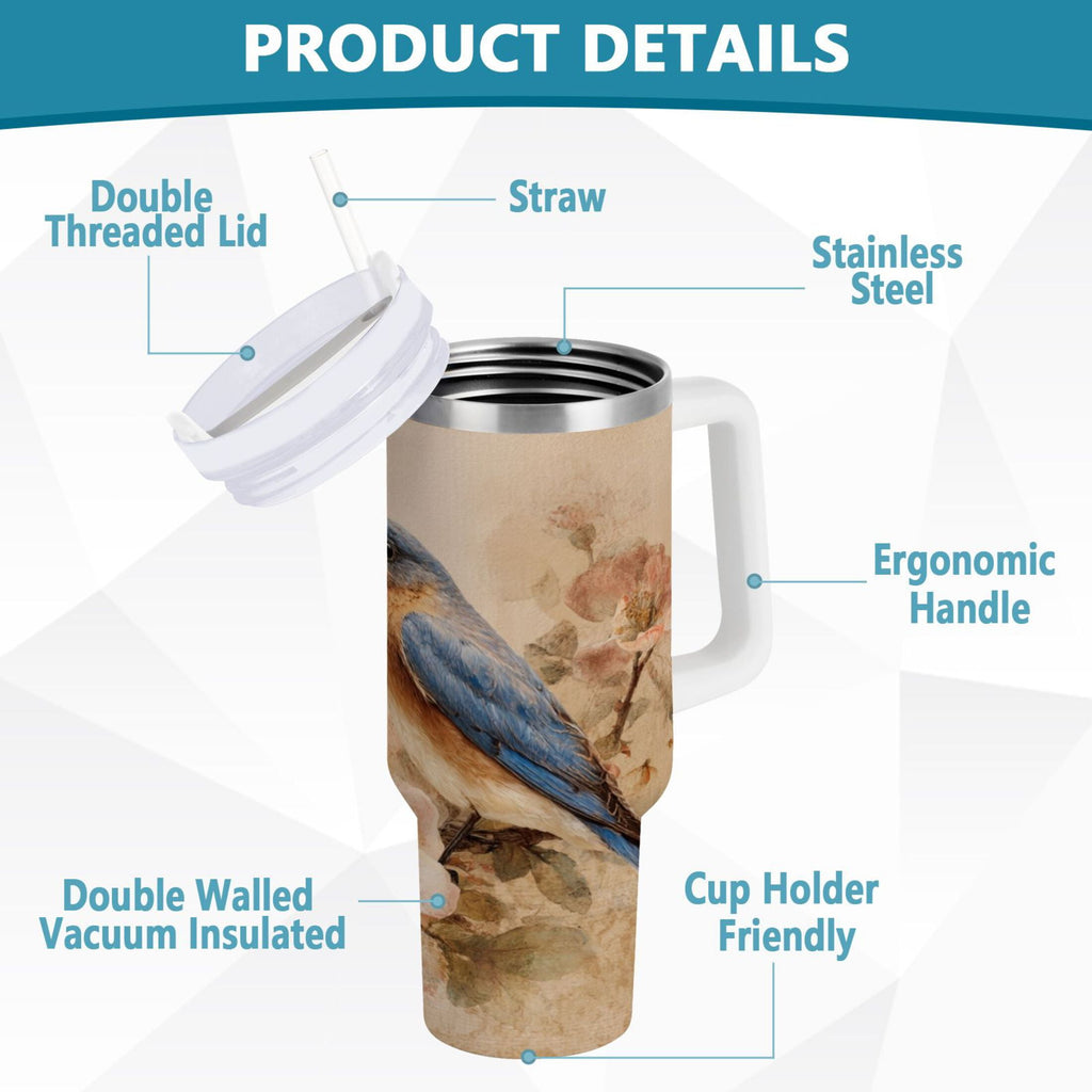 40 oz Insulated Stainless Steel Tumbler Double Wall Stainless Steel Tumbler with 2-Way Drinking Bluebird and Ancient Flowers | TZPP