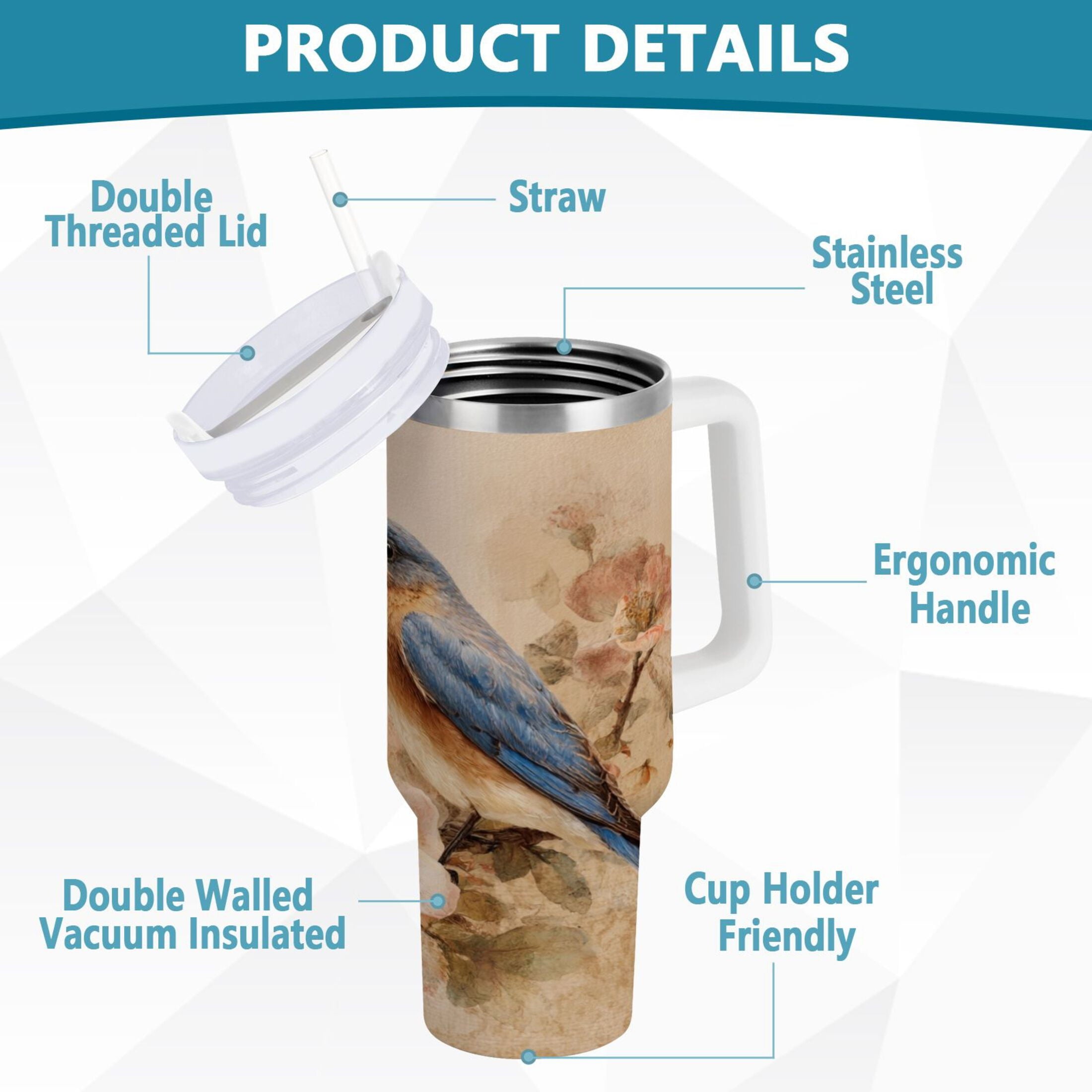 40 oz Insulated Stainless Steel Tumbler Double Wall Stainless Steel Tumbler with 2-Way Drinking Bluebird and Ancient Flowers | TZPP