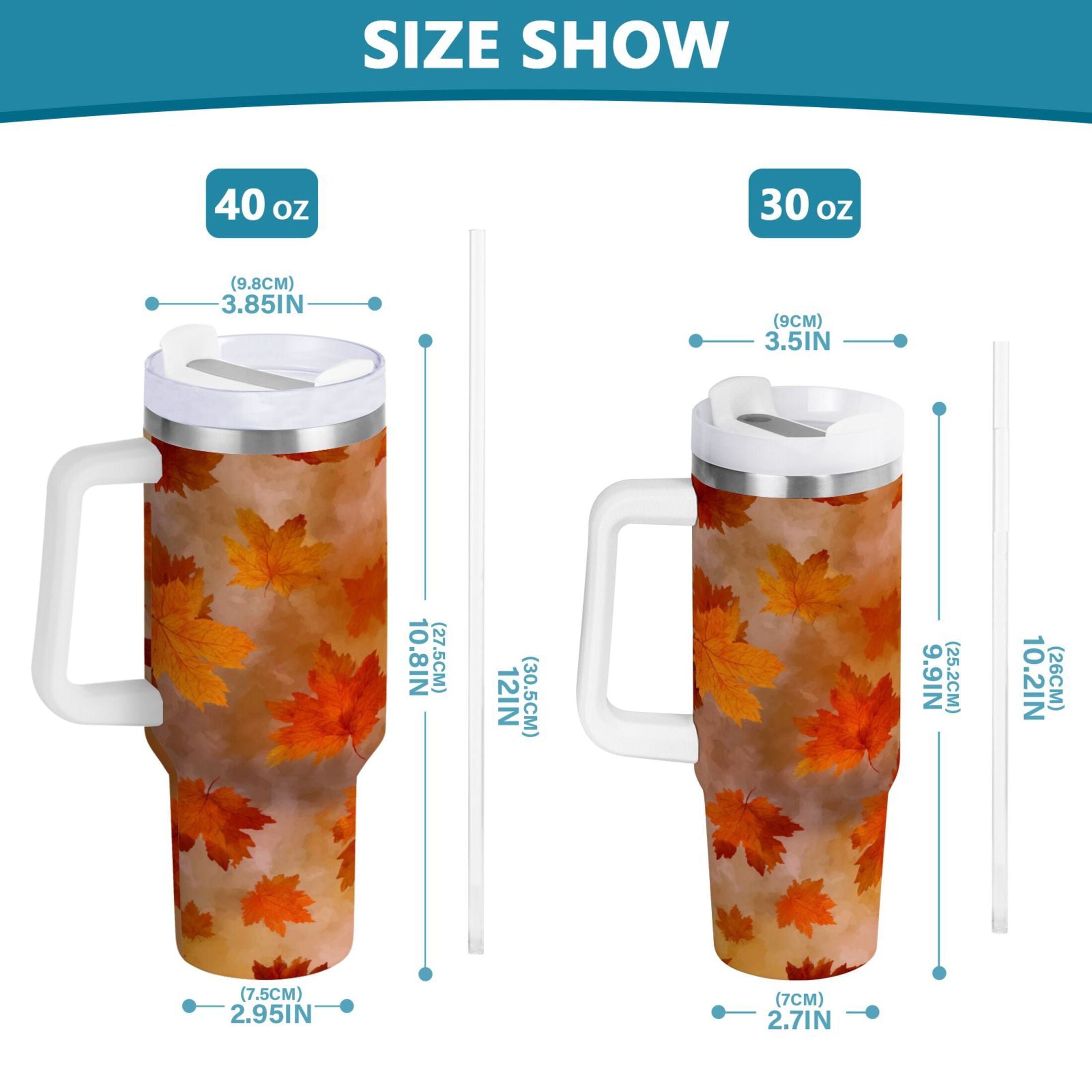 40 oz Insulated Stainless Steel Tumbler Double Wall Stainless Steel Tumbler with 2-Way Drinking Orange and Brown Autumn Leaves | JW21