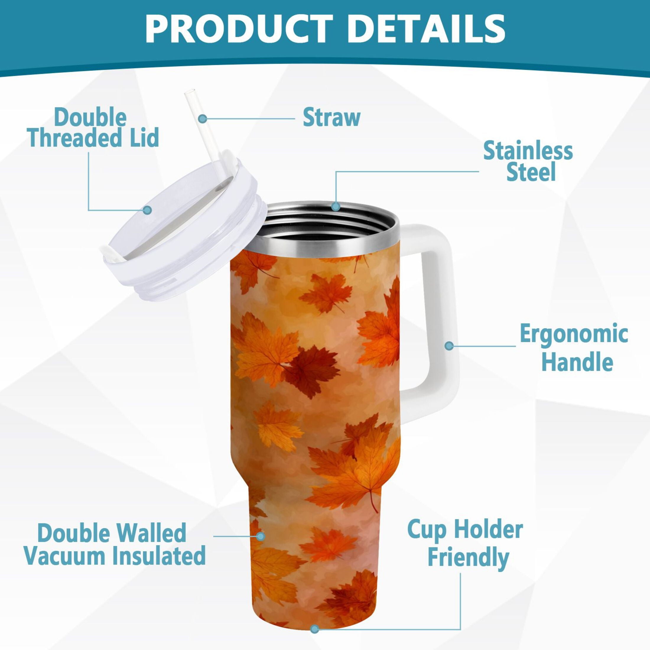40 oz Insulated Stainless Steel Tumbler Double Wall Stainless Steel Tumbler with 2-Way Drinking Orange and Brown Autumn Leaves | JW21