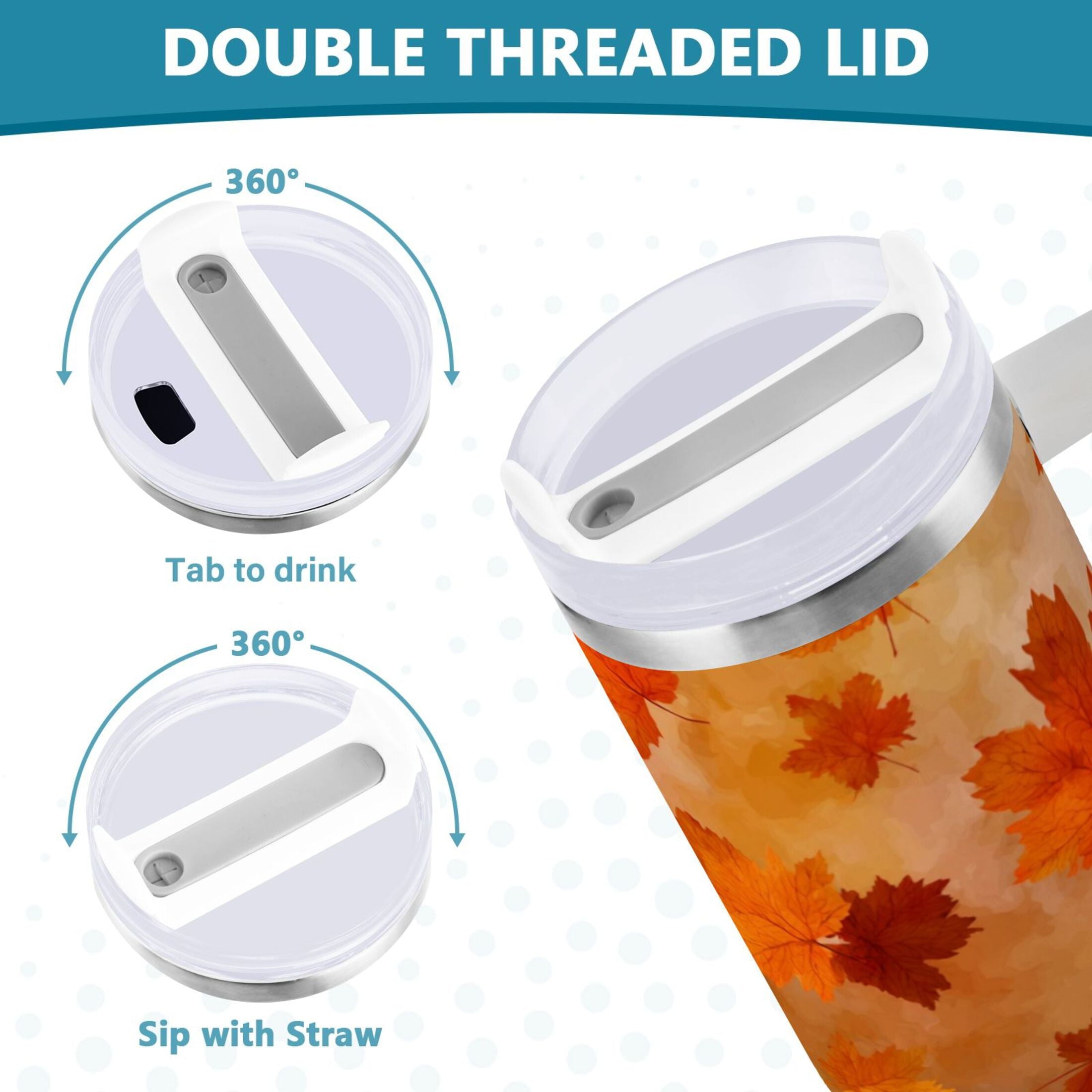 40 oz Insulated Stainless Steel Tumbler Double Wall Stainless Steel Tumbler with 2-Way Drinking Orange and Brown Autumn Leaves | JW21