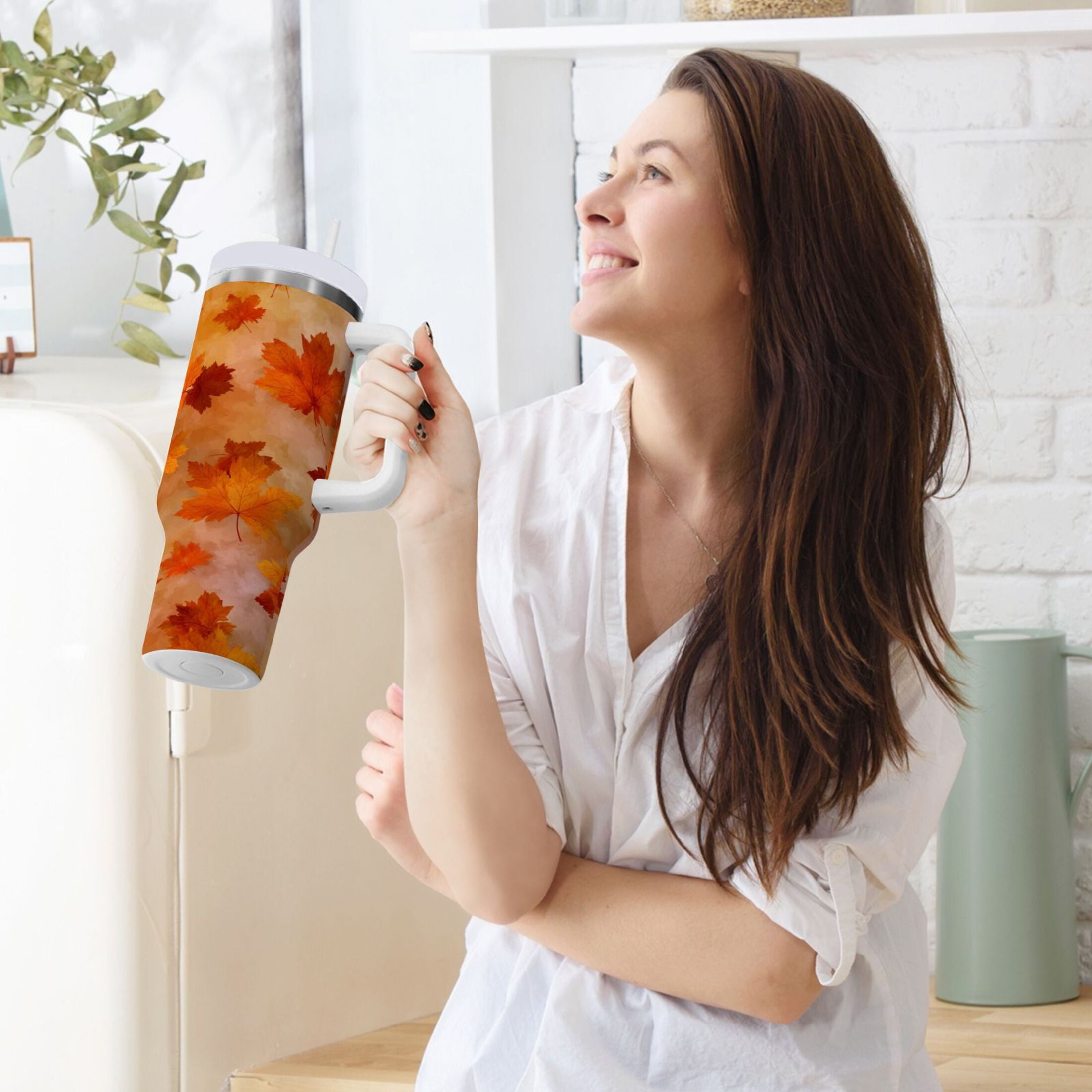 40 oz Insulated Stainless Steel Tumbler Double Wall Stainless Steel Tumbler with 2-Way Drinking Orange and Brown Autumn Leaves | JW21