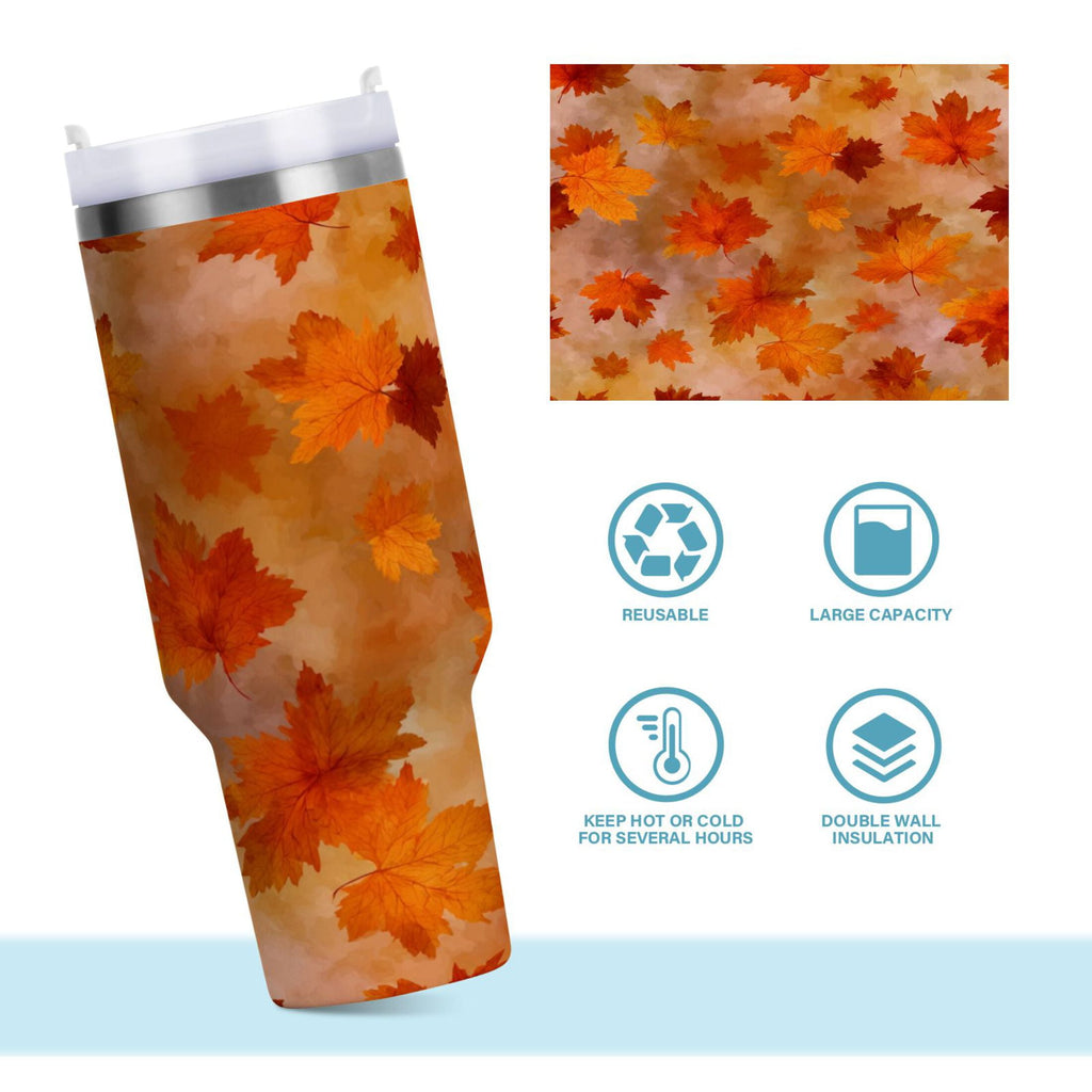 40 oz Insulated Stainless Steel Tumbler Double Wall Stainless Steel Tumbler with 2-Way Drinking Orange and Brown Autumn Leaves | JW21