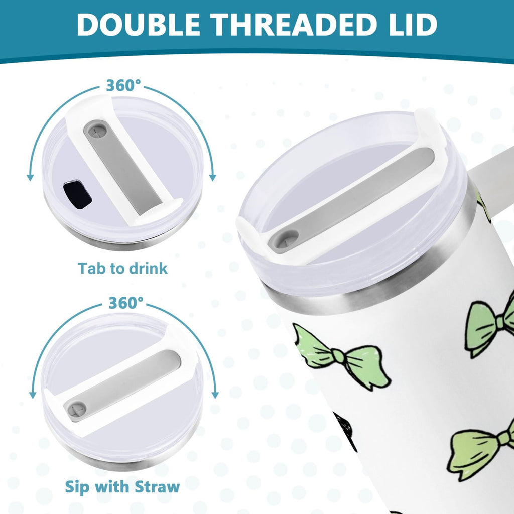 40 oz Insulated Stainless Steel Tumbler Double Wall Stainless Steel Tumbler with 2-Way Drinking Green and Black Bows | C2UY