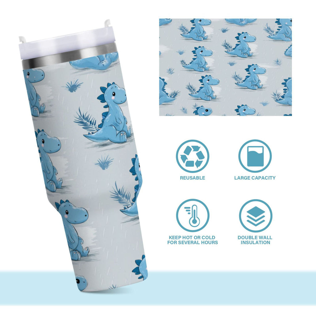 30 oz Insulated Stainless Steel Tumbler Double Wall Stainless Steel Tumbler with 2-Way Drinking Cartoon Blue Dinosaurs | LT8E