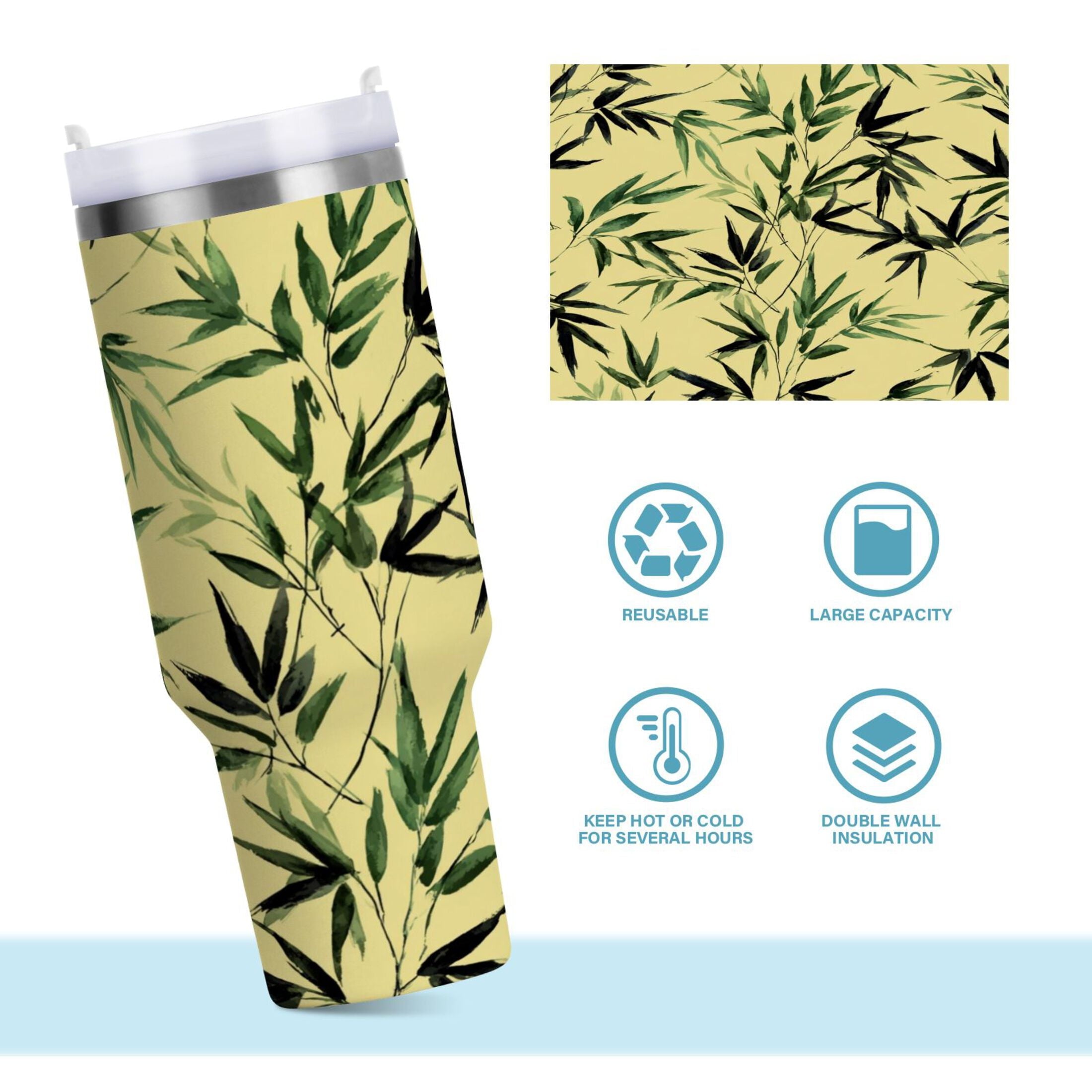 30 oz Insulated Stainless Steel Tumbler Double Wall Stainless Steel Tumbler with 2-Way Drinking Bamboo and Green Leaves | 90ND