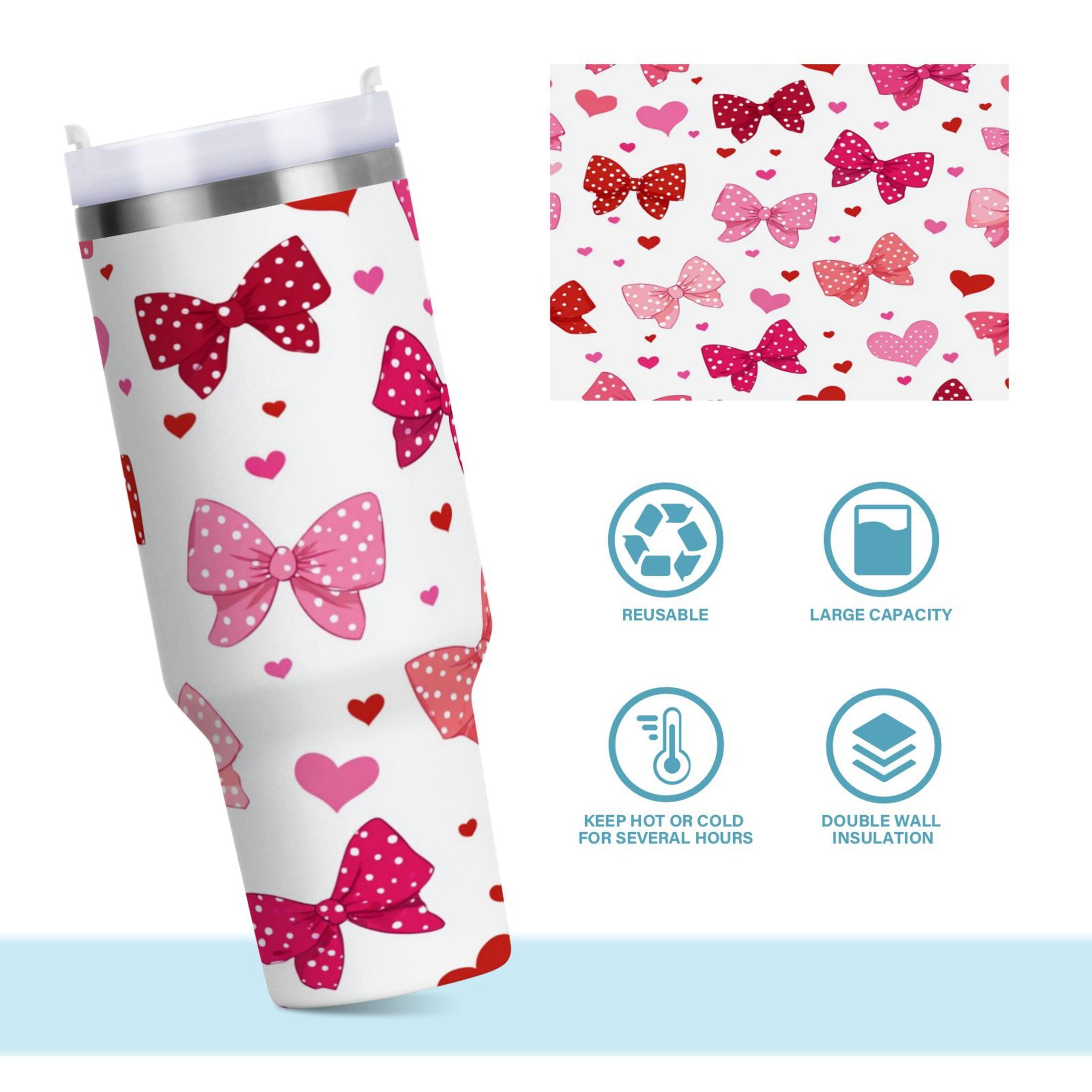 30 oz Insulated Stainless Steel Tumbler Double Wall Stainless Steel Tumbler with 2-Way Drinking Red and Pink Bows | EVC2