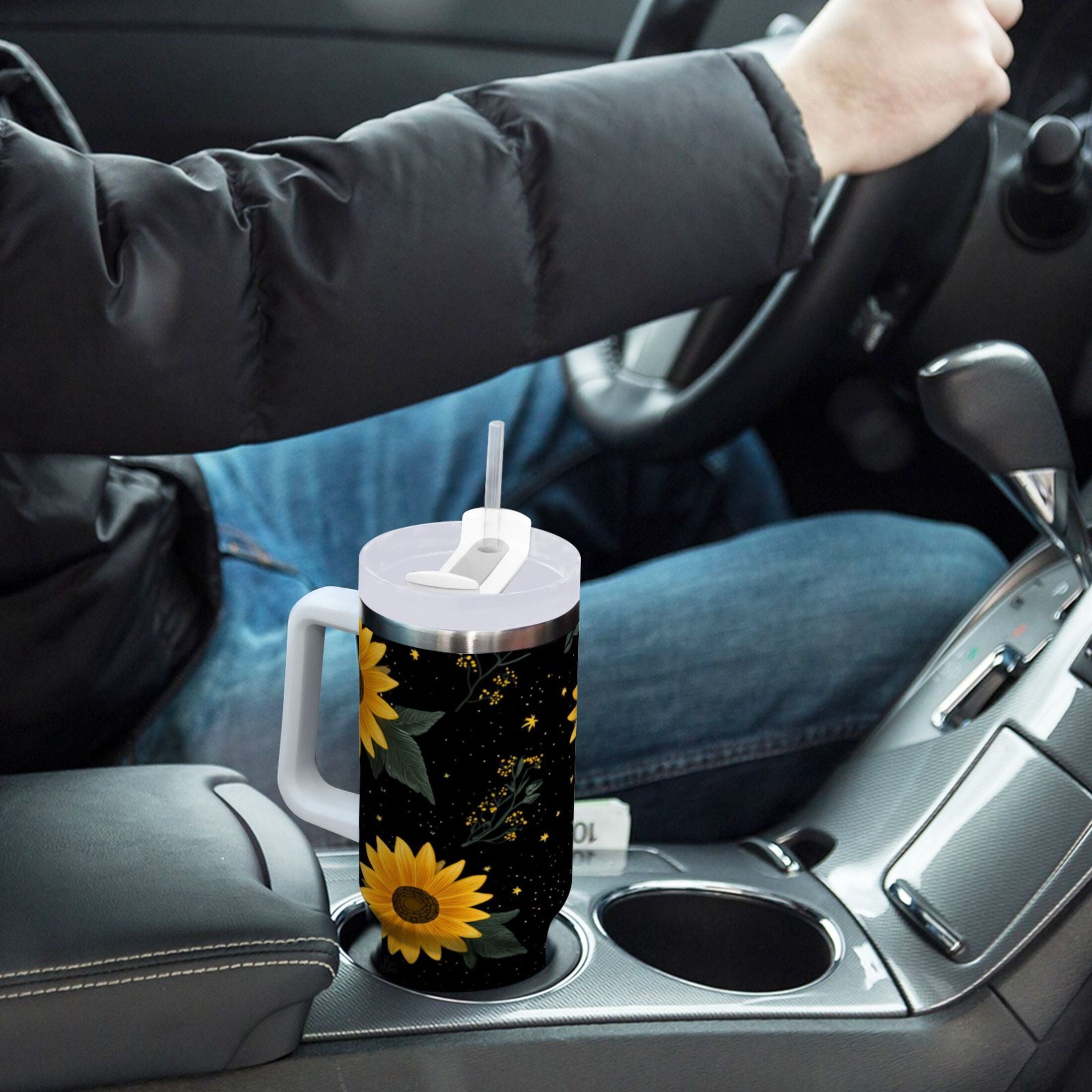 30 oz Insulated Stainless Steel Tumbler Double Wall Stainless Steel Tumbler with 2-Way Drinking Yellow Sunflower Pattern | YHWP