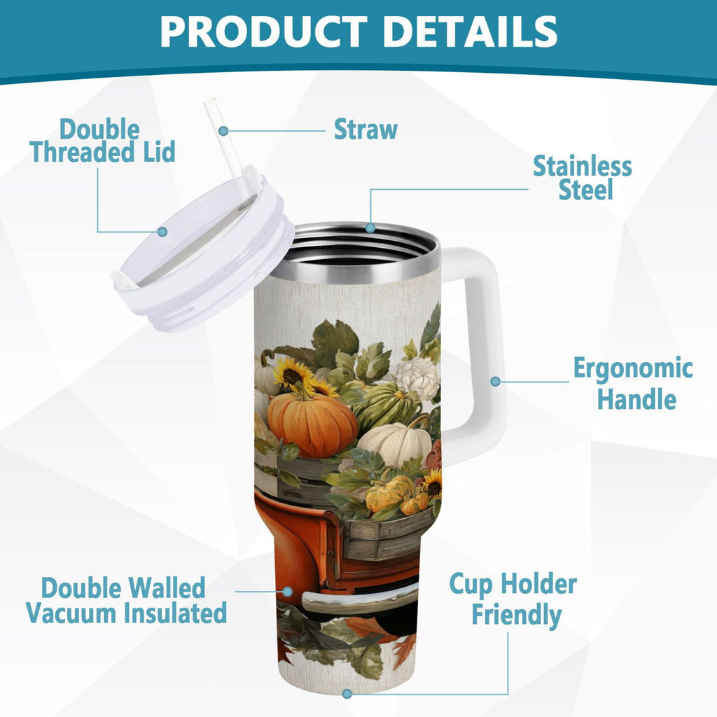 40 oz Insulated Stainless Steel Tumbler Double Wall Stainless Steel Tumbler with 2-Way Drinking Truck Full Of Pumpkins | DFZN
