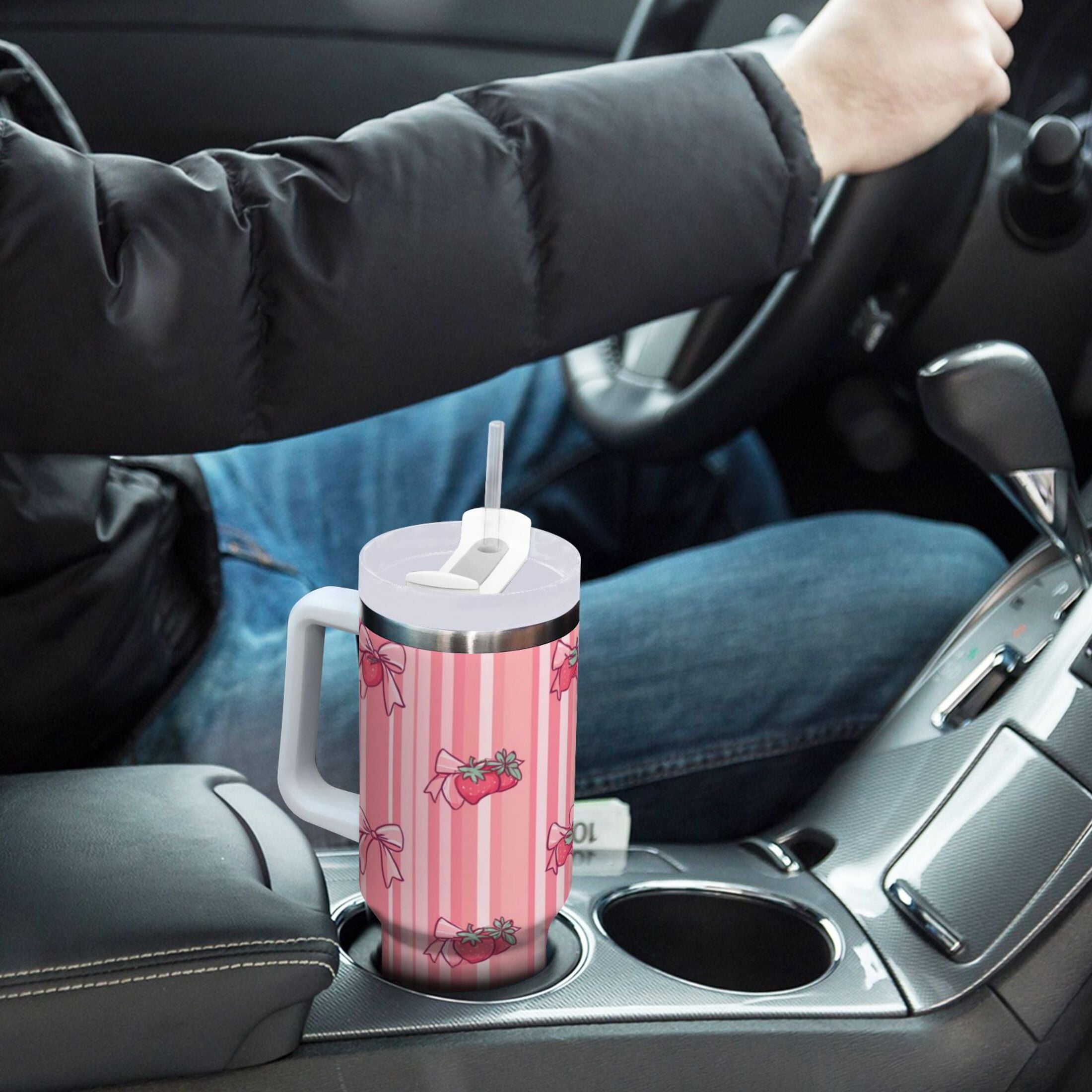 30 oz Insulated Stainless Steel Tumbler Double Wall Stainless Steel Tumbler with 2-Way Drinking Pink Bows and Strawberries | DVN9