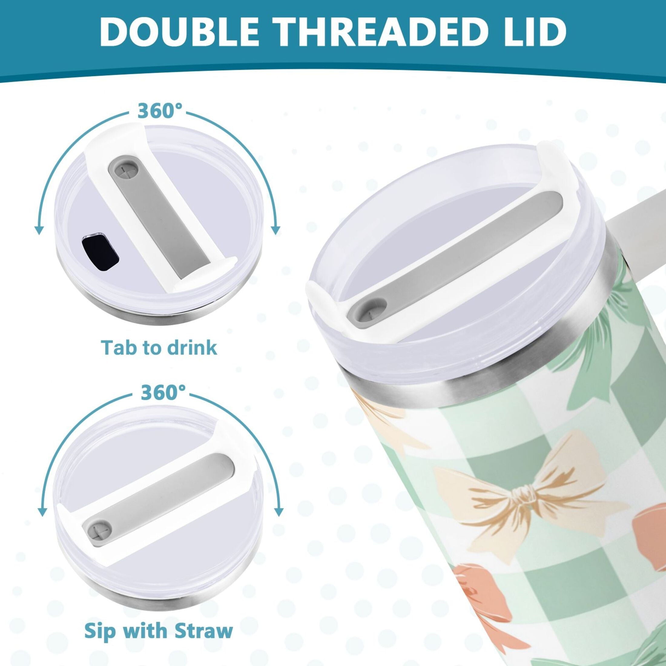 40 oz Insulated Stainless Steel Tumbler Double Wall Stainless Steel Tumbler with 2-Way Drinking Green and Peach Bow Pattern | 4EI8