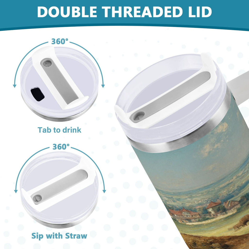 30 oz Insulated Stainless Steel Tumbler Double Wall Stainless Steel Tumbler with 2-Way Drinking Buffalo Herd Oil Painting | CQ61