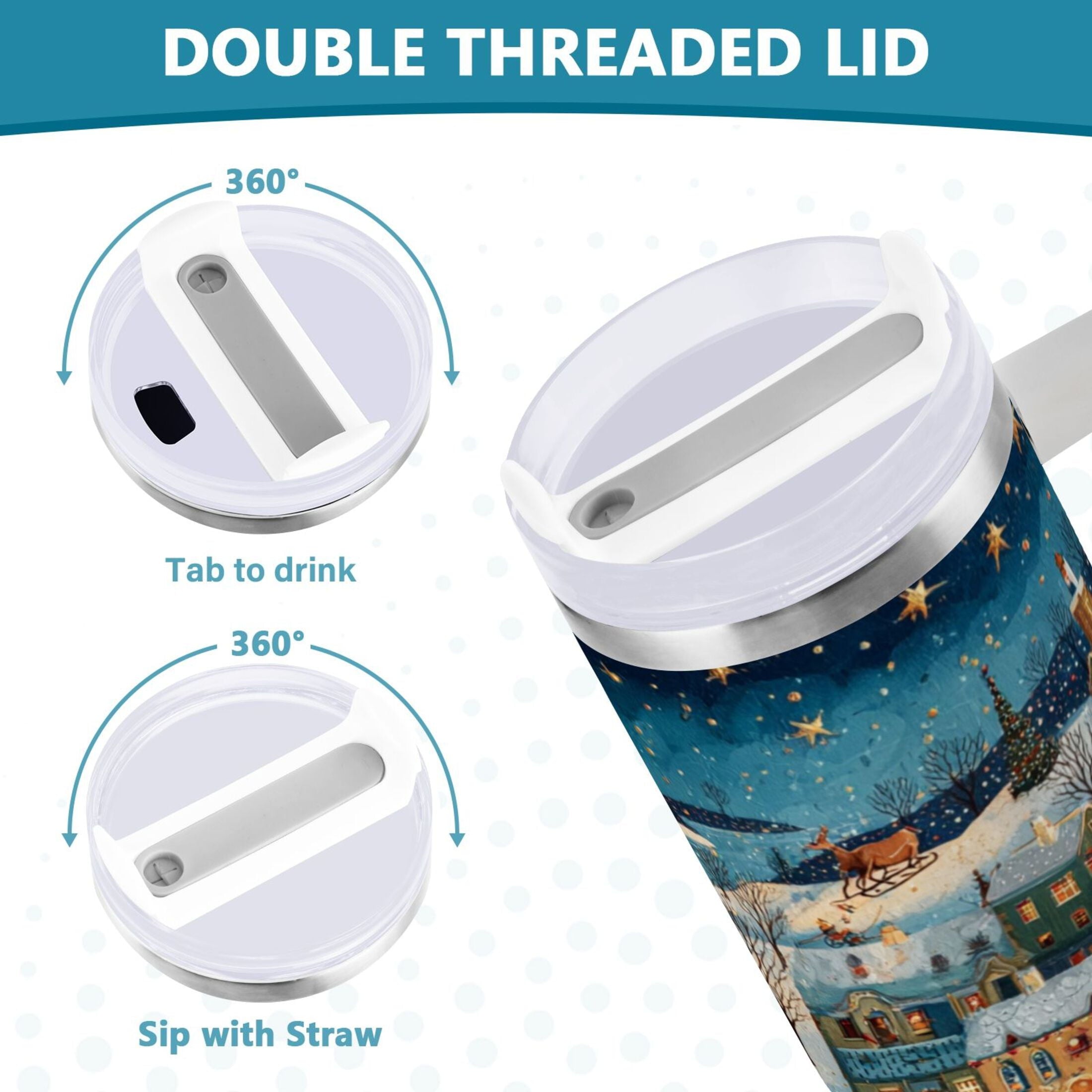 30 oz Insulated Stainless Steel Tumbler Double Wall Stainless Steel Tumbler with 2-Way Drinking Whimsical Christmas Scene | R1H0