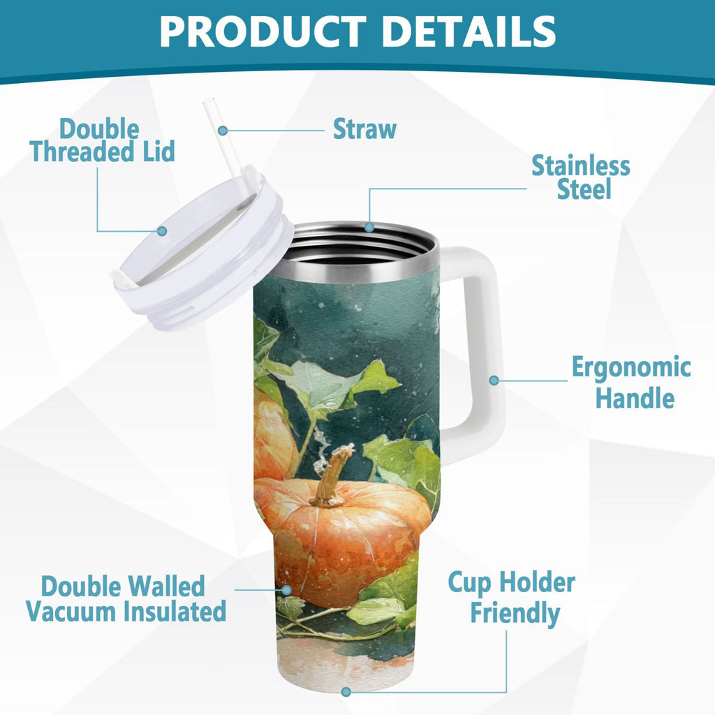 40 oz Insulated Stainless Steel Tumbler Double Wall Stainless Steel Tumbler with 2-Way Drinking Orange and White Pumpkins | BXAH
